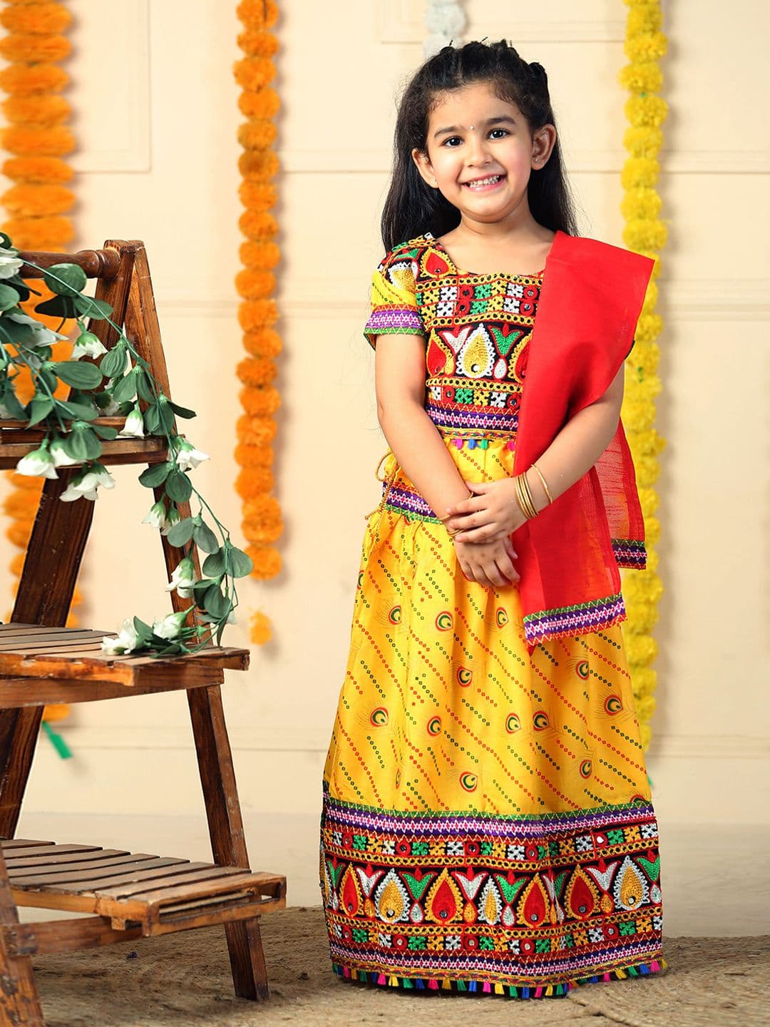 ahhaaaa Girls Embroidered Mirror Work Cotton Ready to Wear Lehenga & Blouse With Dupatta - view 1