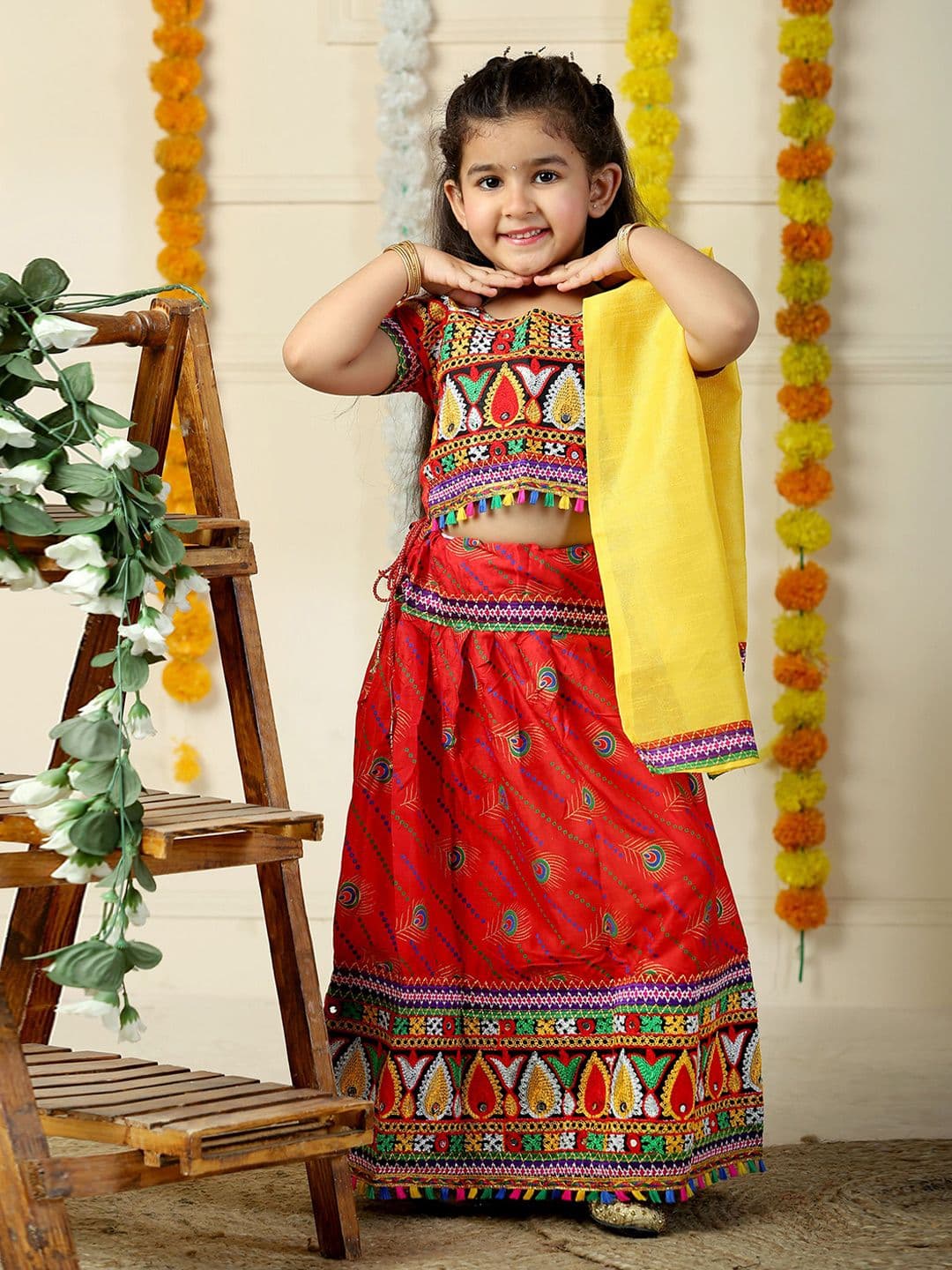 ahhaaaa Girls Embroidered Mirror Work Cotton Ready to Wear Lehenga & Blouse With Dupatta - view 1