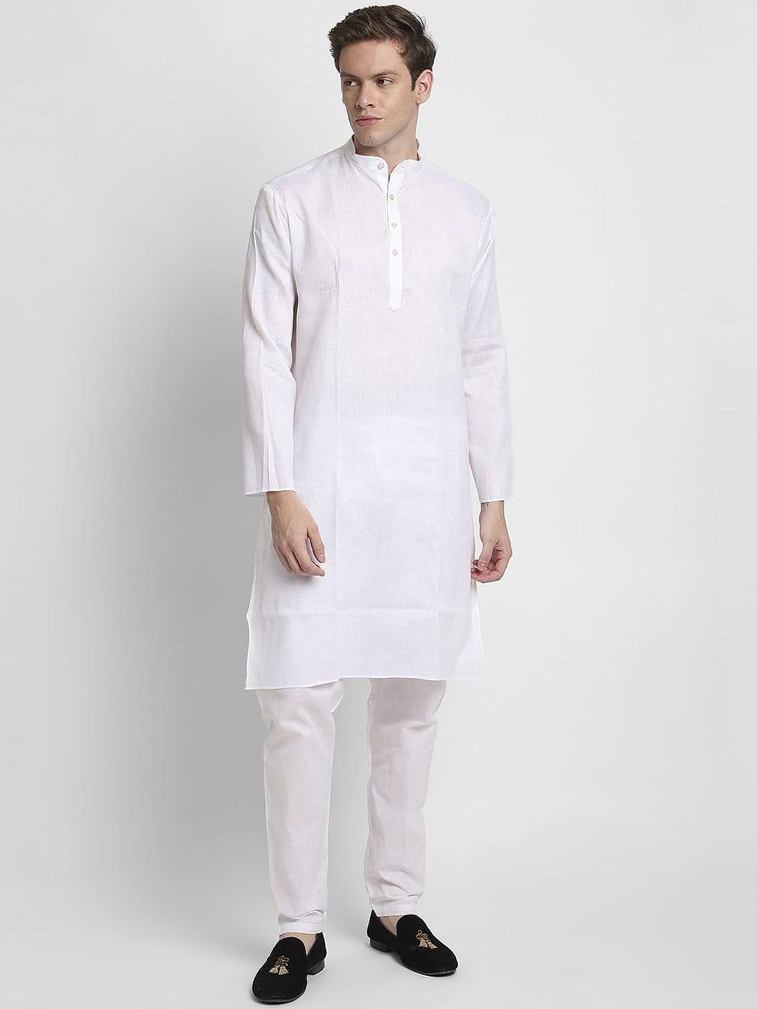 DEVOILER White Band Collar Straight Cotton Kurta - view 1