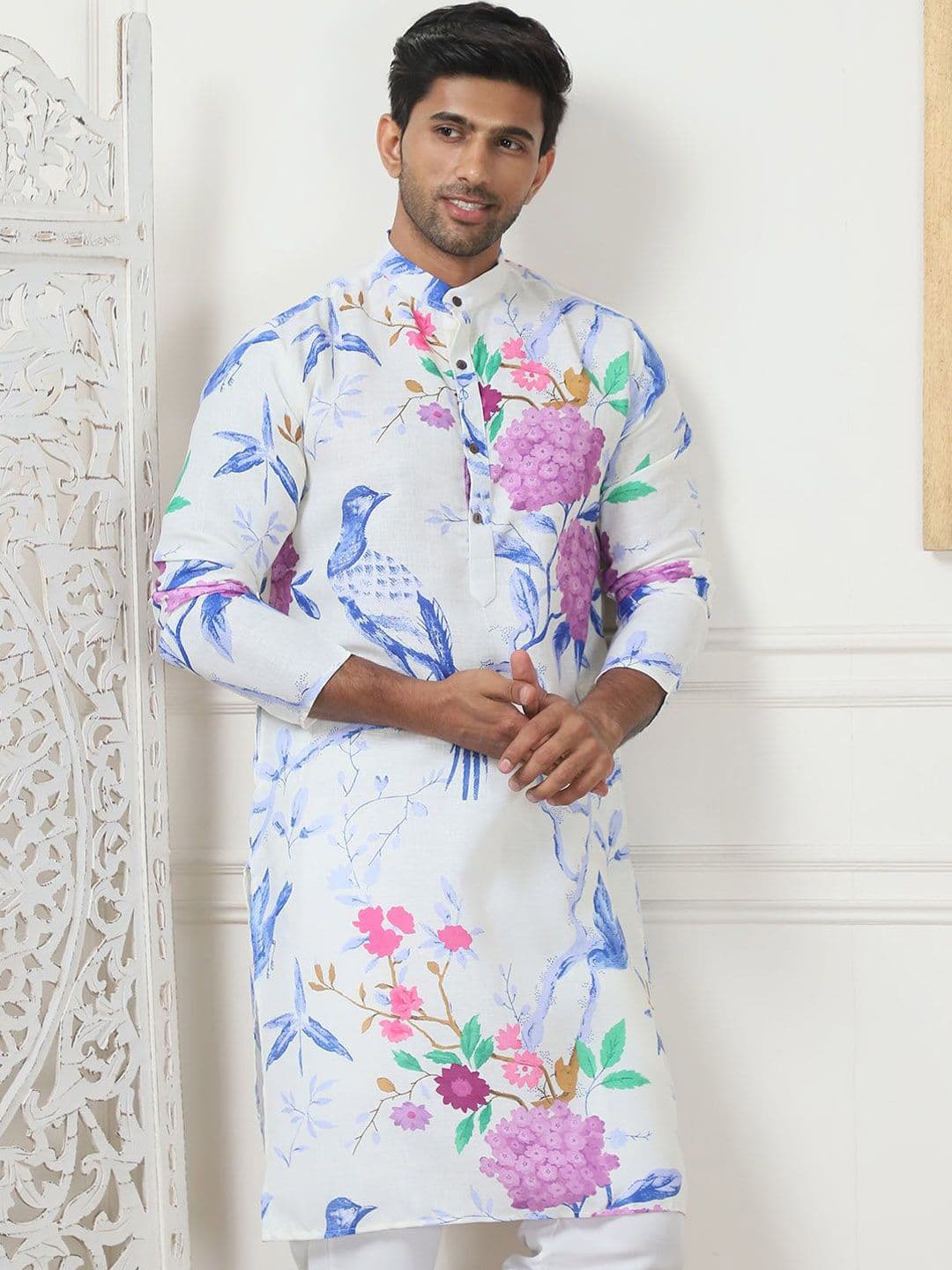 Jompers Floral Printed Band Collar Straight Pure Cotton Kurta - view 1