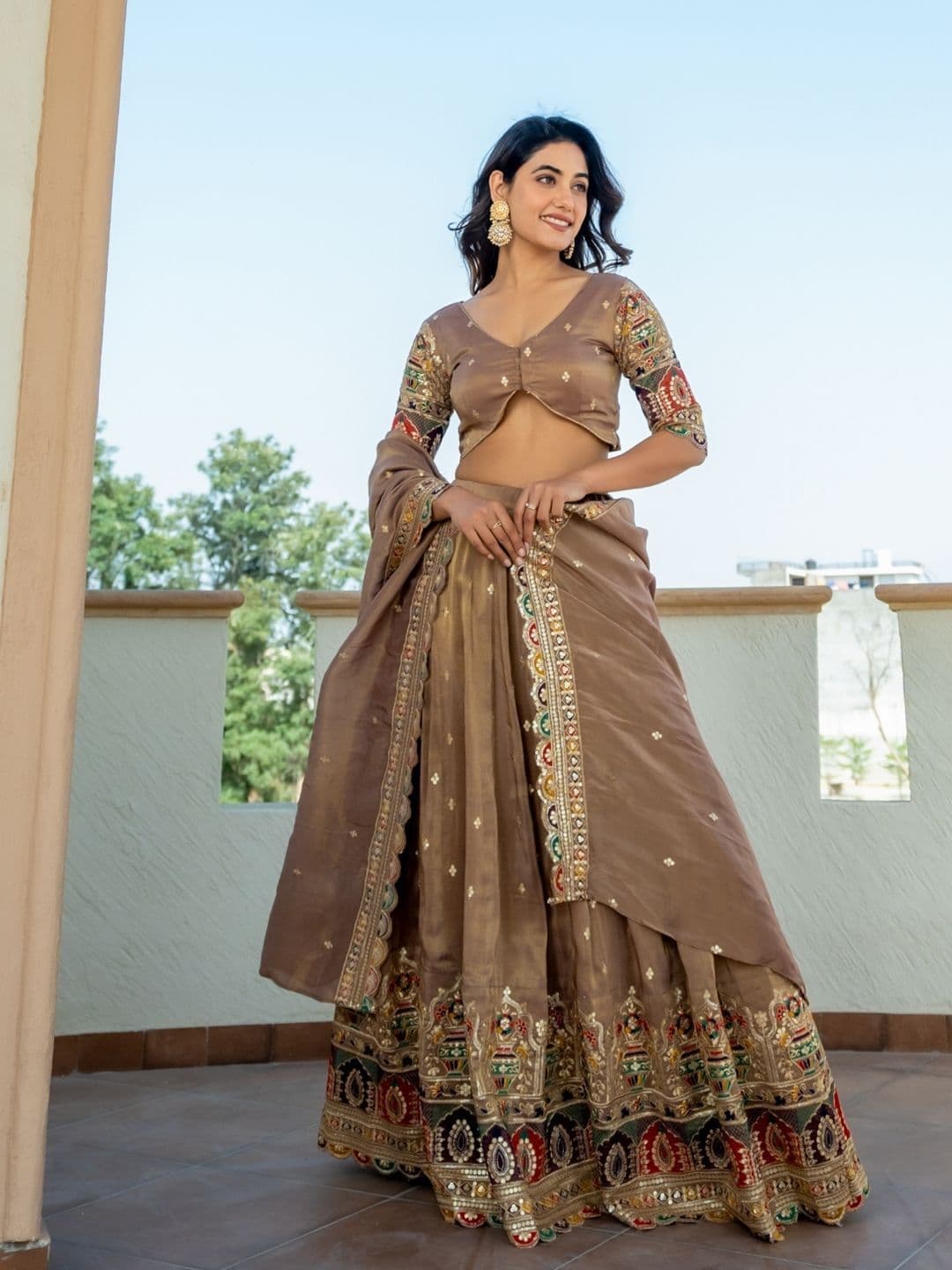 HOUSE OF JAMOTI Beige Jodha Embroidered Sequinned Ready to Wear Lehenga & Blouse With Dupatta - view 1