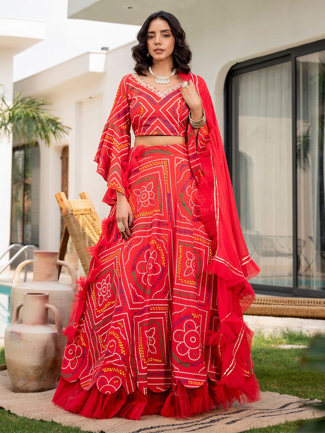 Divena Bandhani Printed Cotton Ready to Wear Lehenga & Blouse With Dupatta - view 1