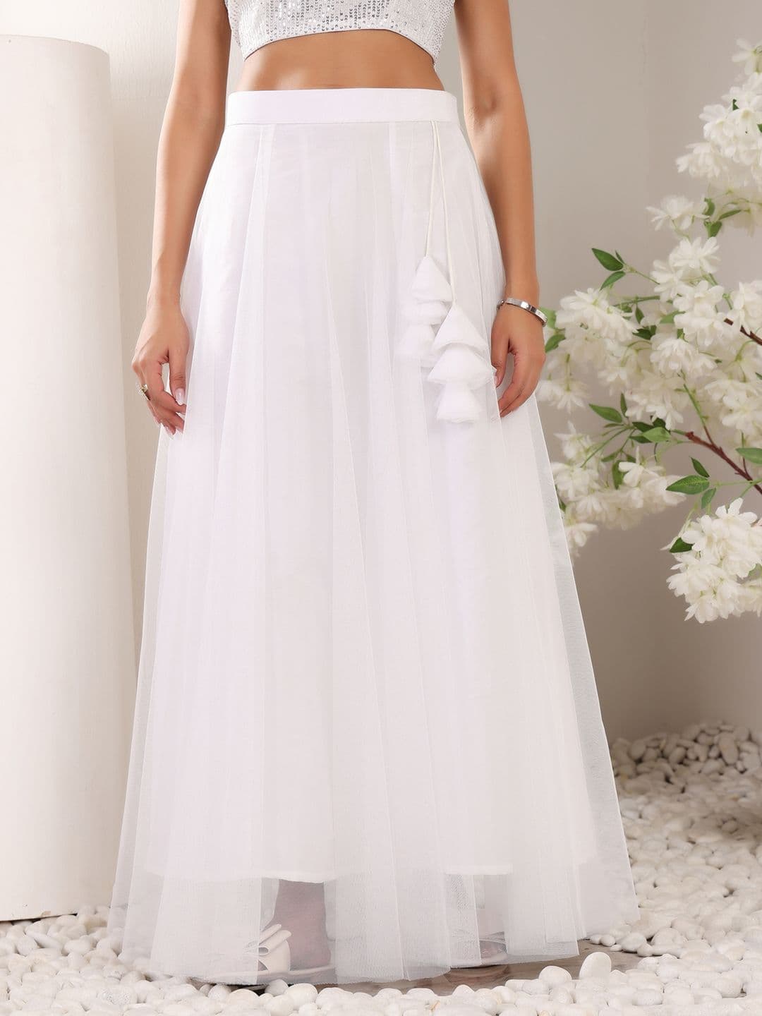 Frolic Rolic White Solid Net Maxi Skirt - view 1