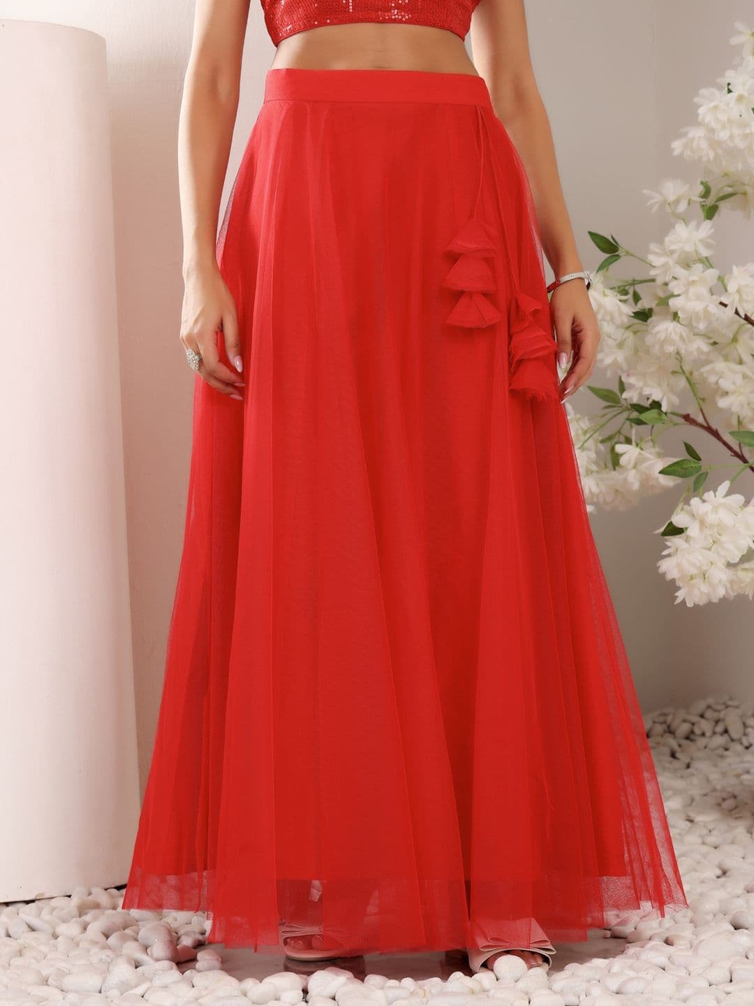 Frolic Rolic Red Solid Net Maxi Skirt - view 1