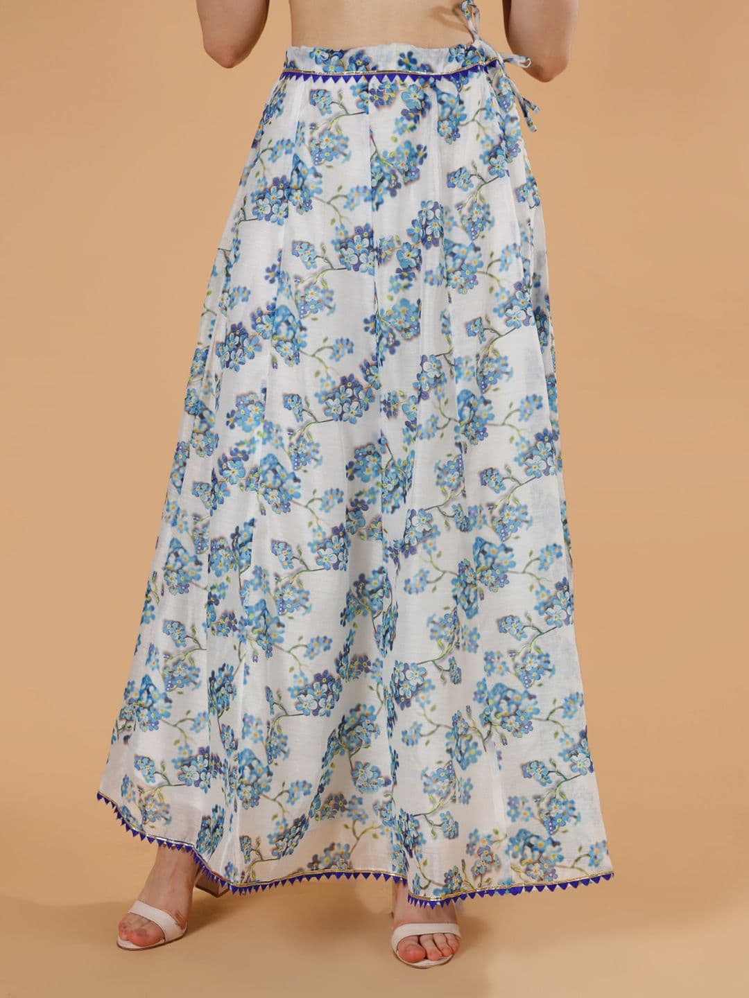 Frolic Rolic White & Blue Floral Print Silk Blend Maxi Skirt - view 1
