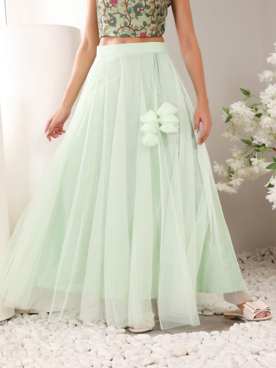 Frolic Rolic Pista Green Solid Net Maxi Skirt - view 1