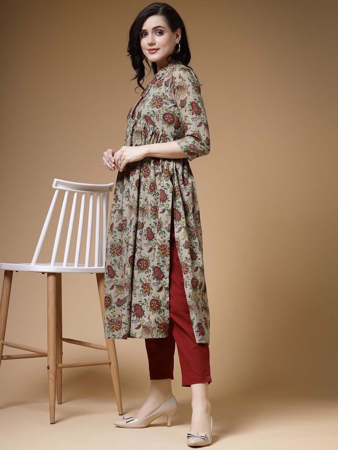 Indibelle Ethnic Motifs Printed Shawl Neck Thread Work Cotton A-Line Kurta - view 1