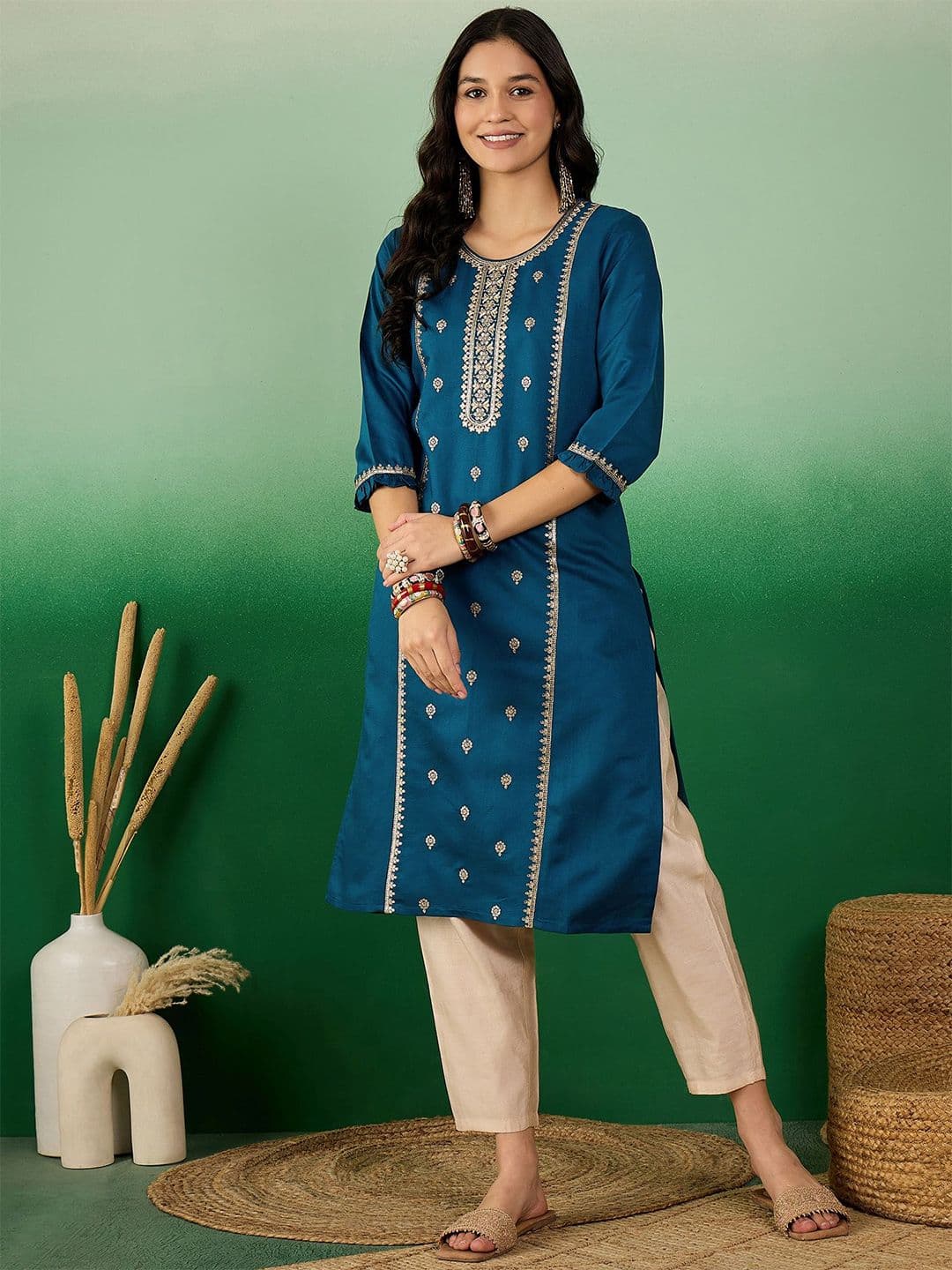 Sangria Ethnic Motif Embroidered A-Line Kurta - view 1