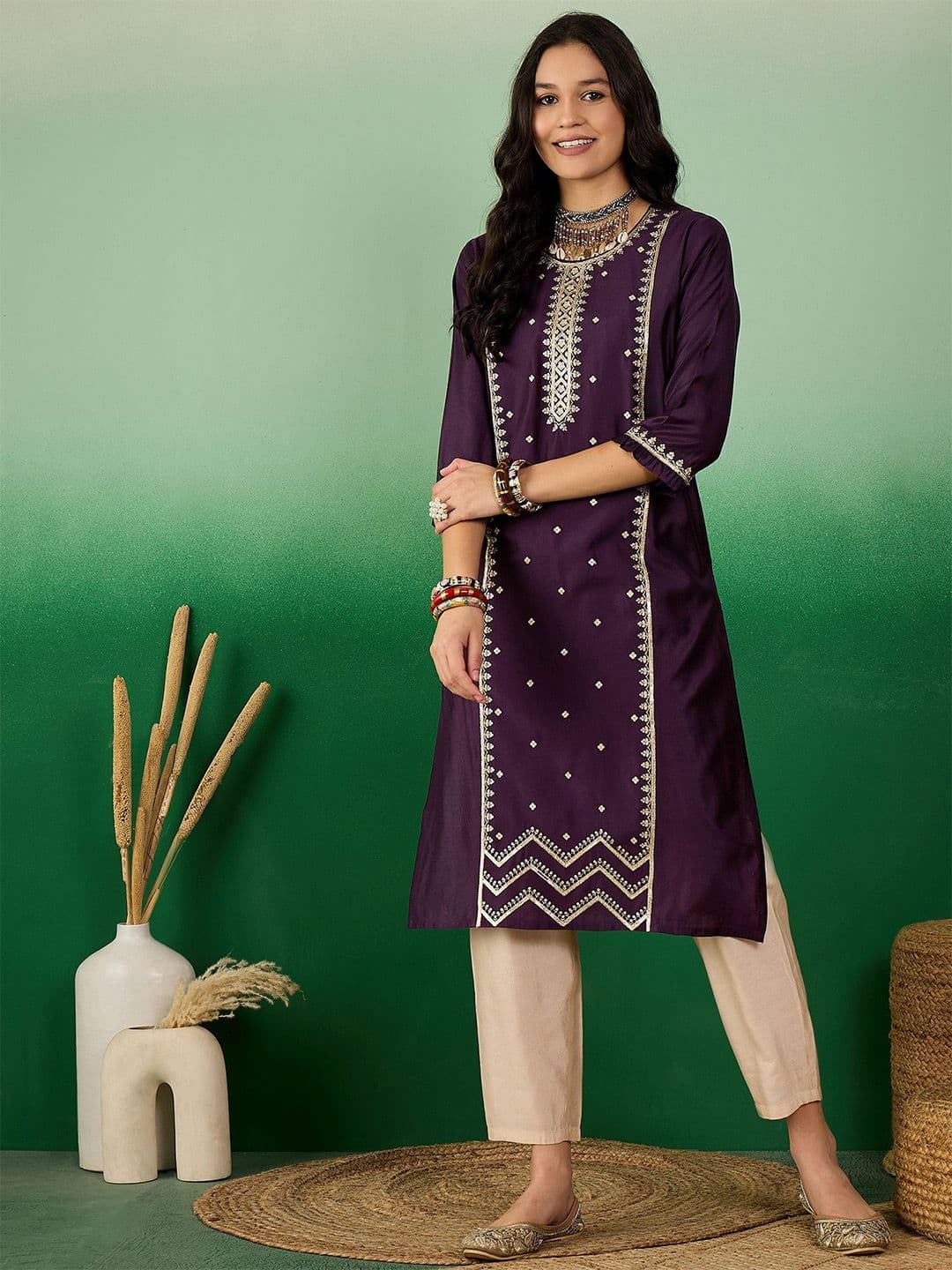 Sangria Ethnic Motif Embroidered A-Line Kurta - view 1