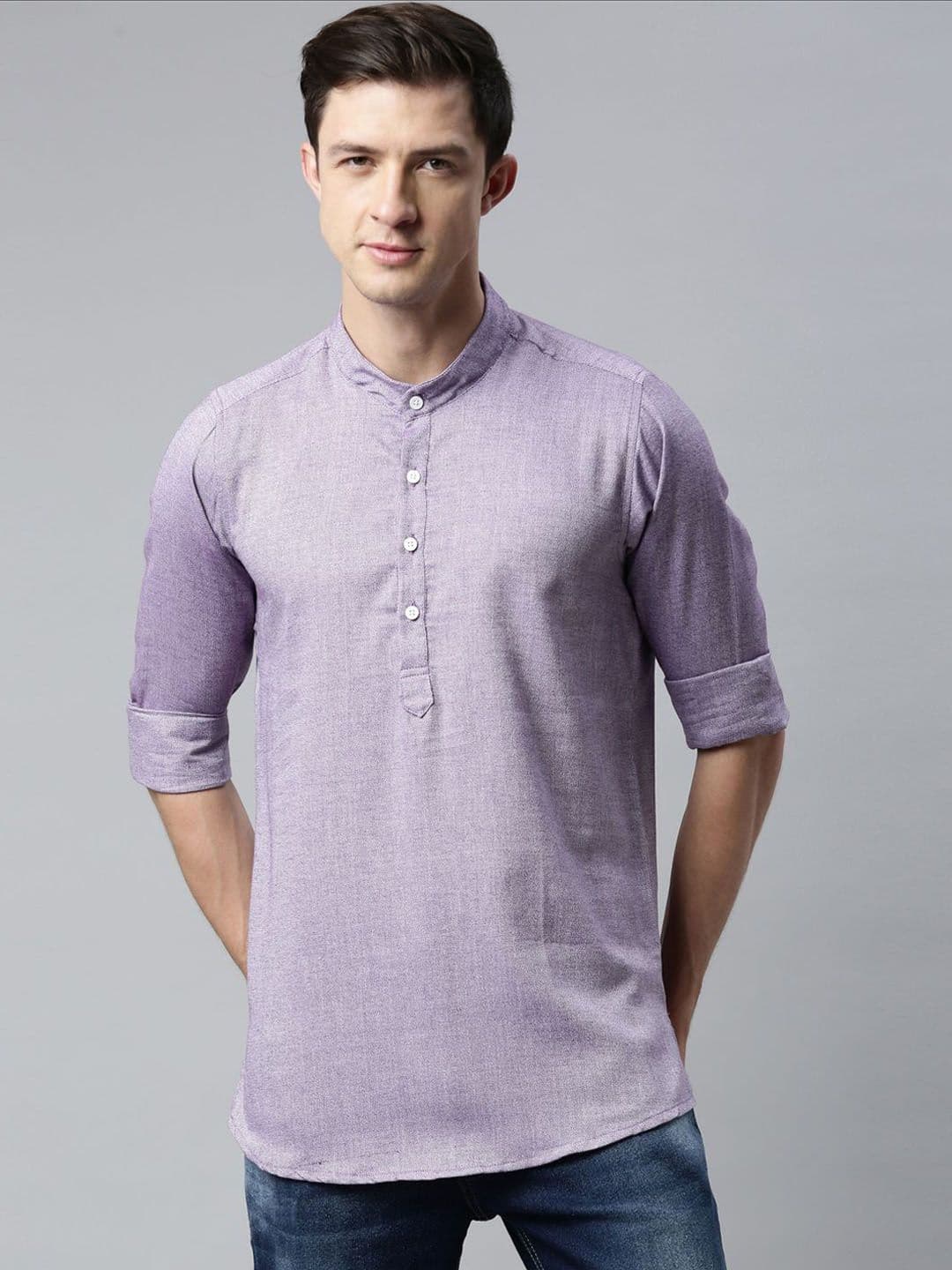 Cross Court Band Collar Pure Cotton Straight Short Kurta - view 1