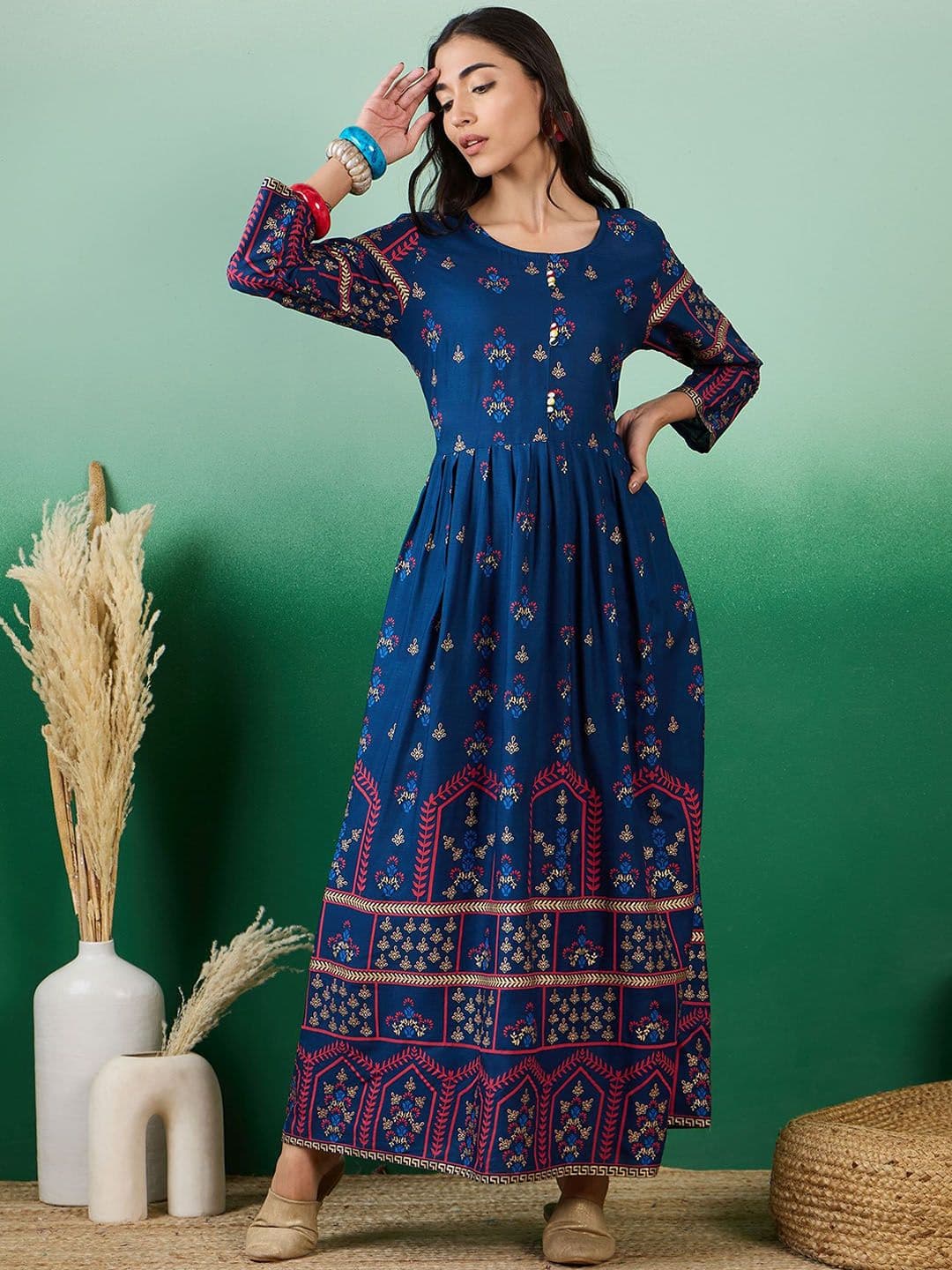 Sangria Printed Fit & Flare Ethnic Dress - view 1