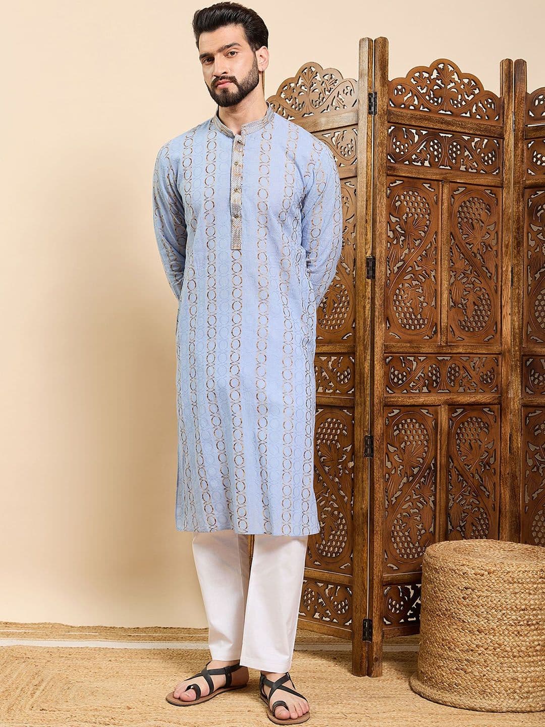 House of Pataudi Geometric Woven Design Mandarin Collar Straight Kurta - view 1