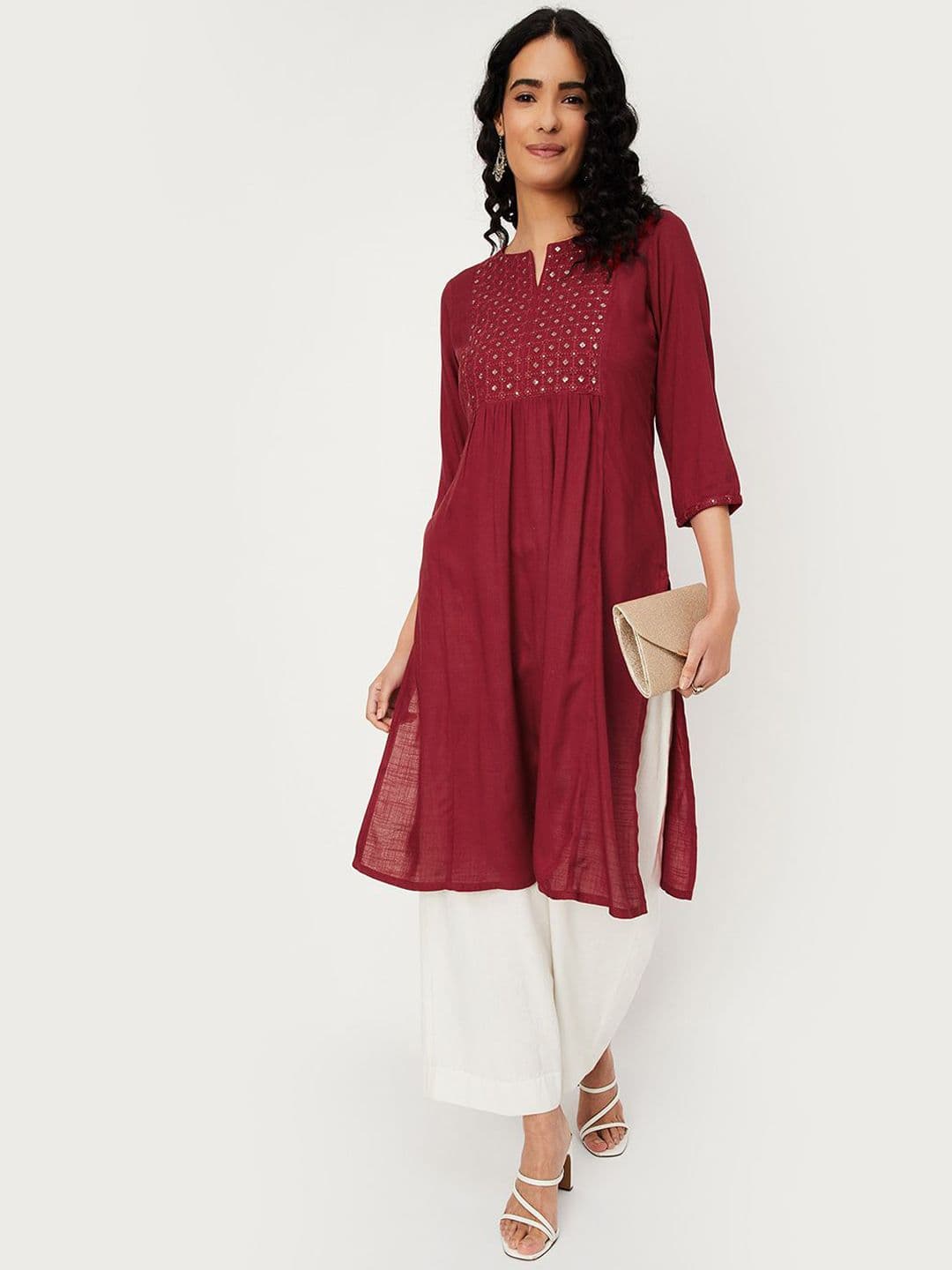max Floral Embroidered Notch Neck Straight Kurta - view 1