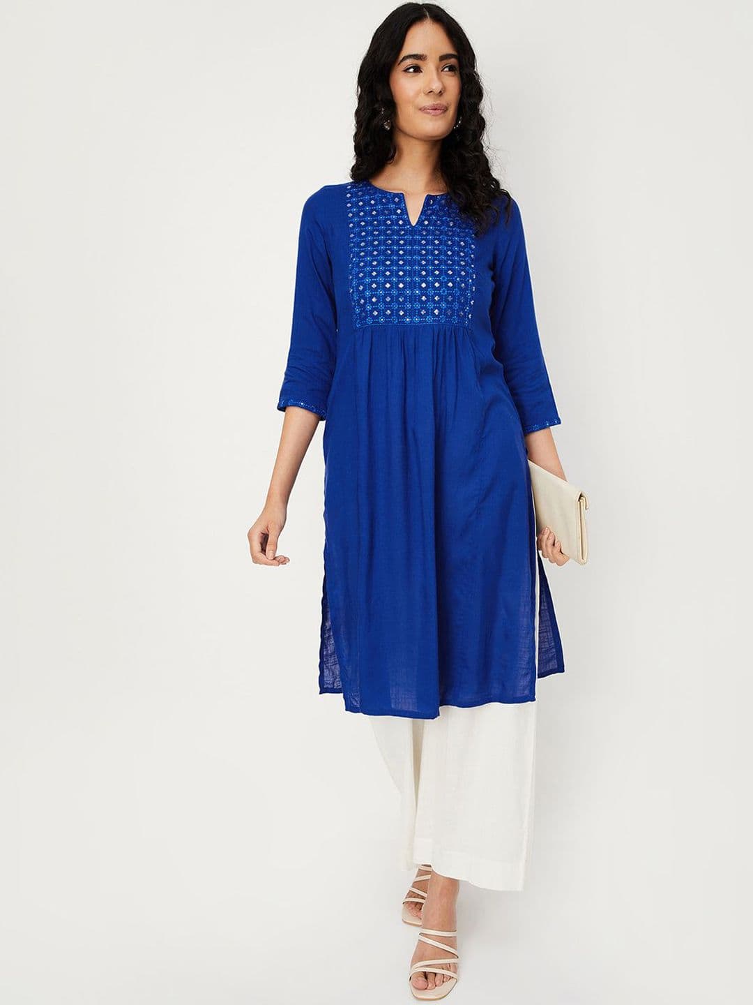 max Floral Embroidered Notch Neck Straight Kurta - view 1