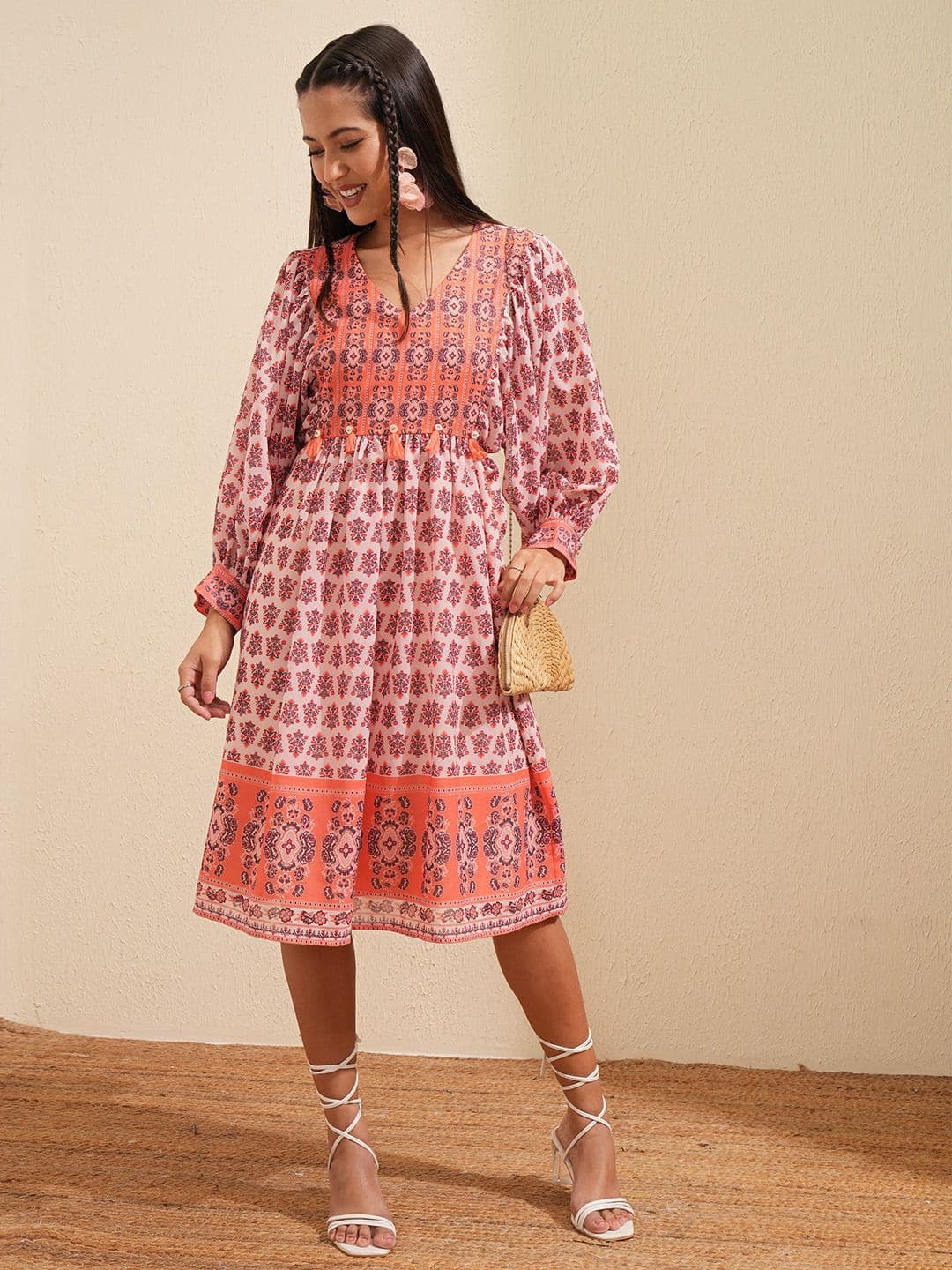 Vishudh Ethnic Motifs Printed Puff Sleeve A-Line Ethnic Dress - view 1