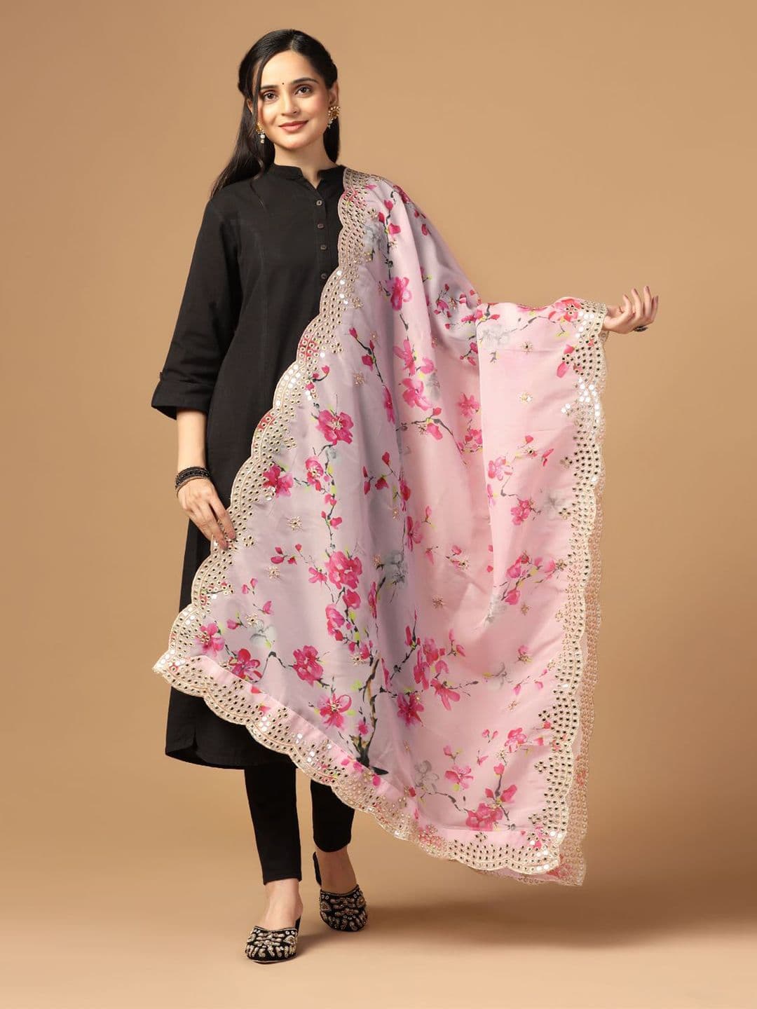 Kaizen TEXO FAB Floral Printed Mirror Work Organza Dupatta - view 1