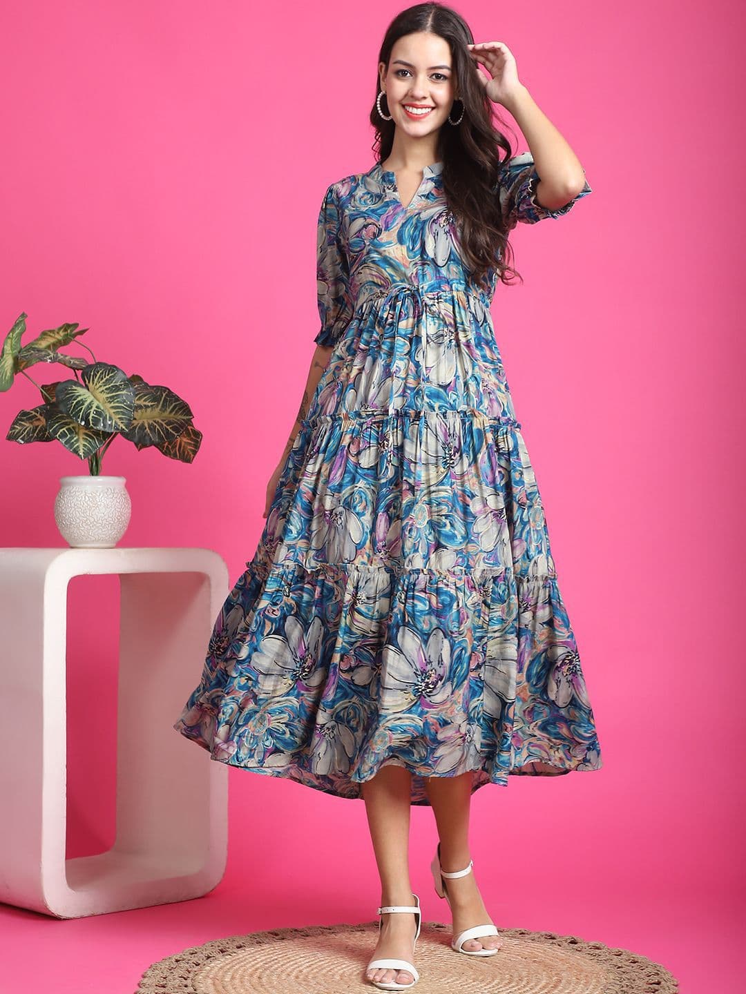 Claura Women Floral Print Mandarin Collar Short Sleeves Fit and Flare Midi Dress - view 1