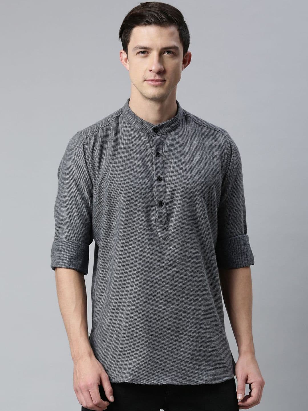 Cross Court Geometric Woven Design Mandarin Collar Cotton Short Straight Kurta - view 1