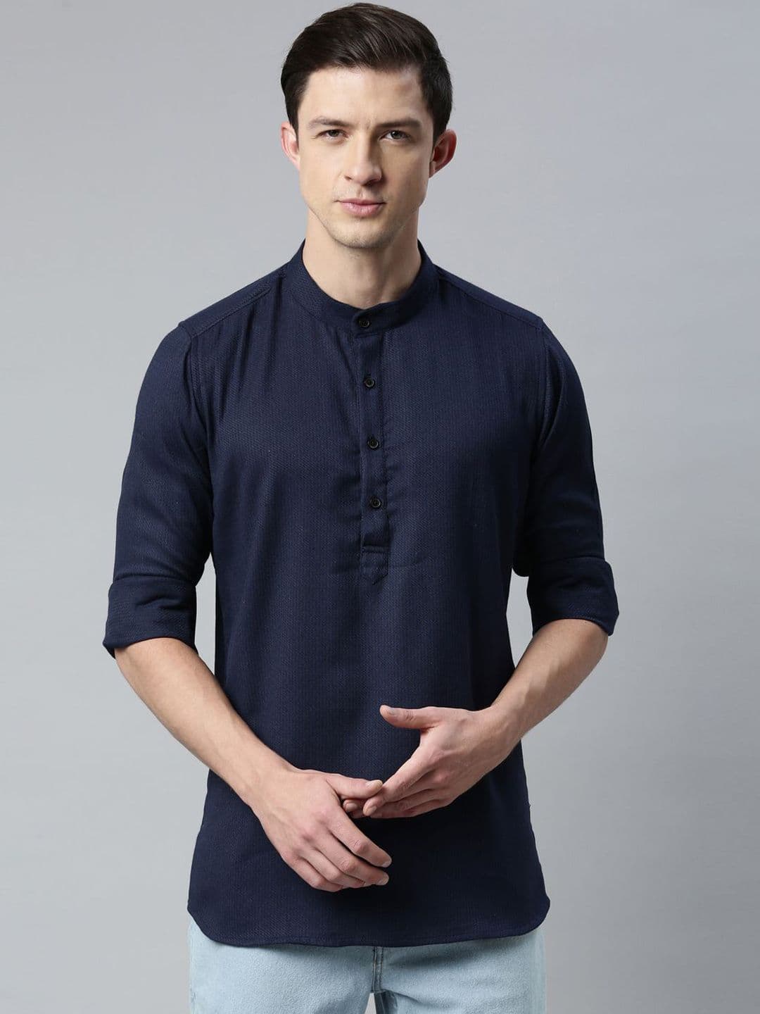 Cross Court Geometric Woven Design Mandarin Collar Cotton Short Straight Kurta - view 1