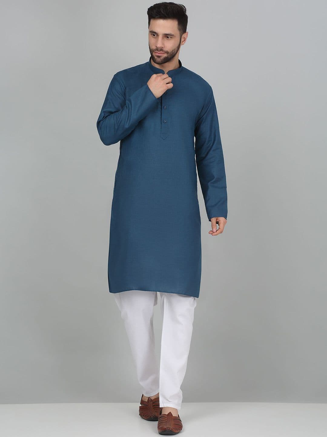 KRAFT INDIA Mandarin Collar Pure Cotton Knee Length Straight Kurta - view 1