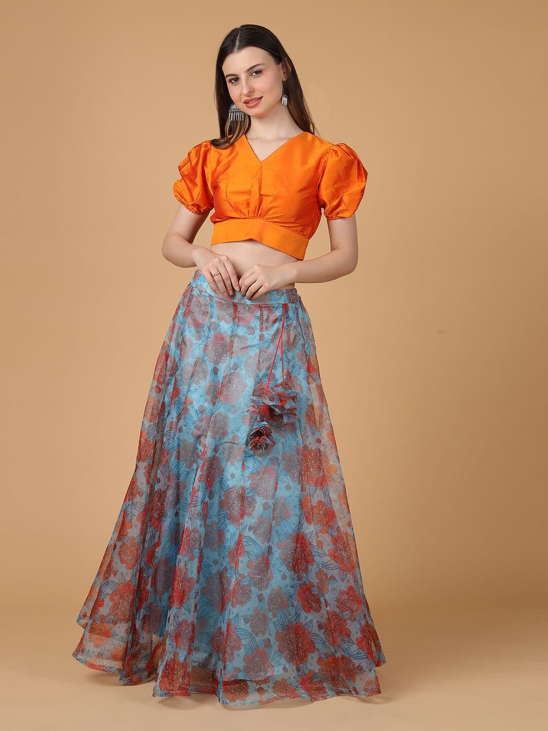 Frolic Rolic Silk V Neck Blouse & Floral Print Sky Organza Maxi Skirt Set - view 1