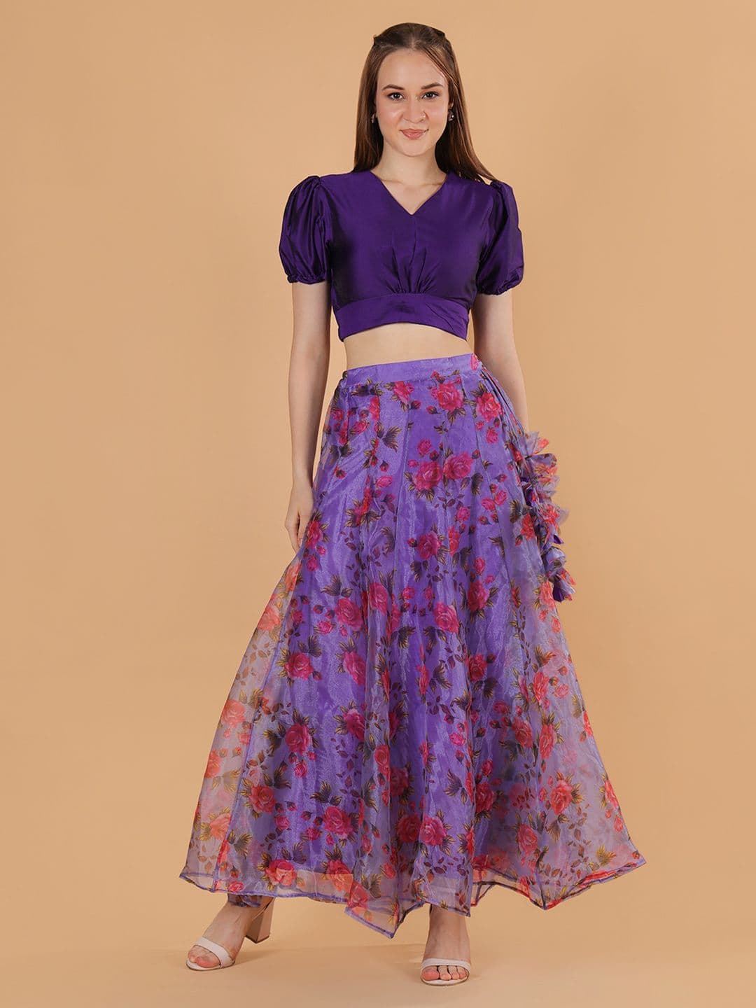Frolic Rolic Silk V Neck Blouse & Floral Print Organza Maxi Skirt Set - view 1
