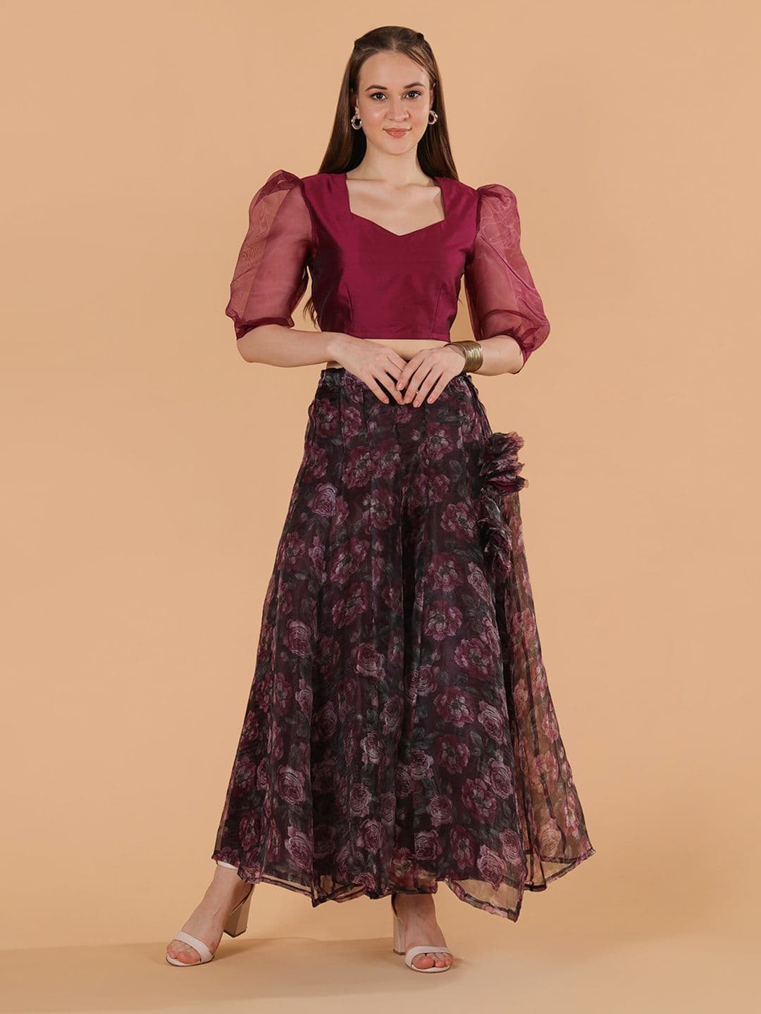Frolic Rolic Silk Top & Floral Print Organza Maxi Skirt Set - view 1