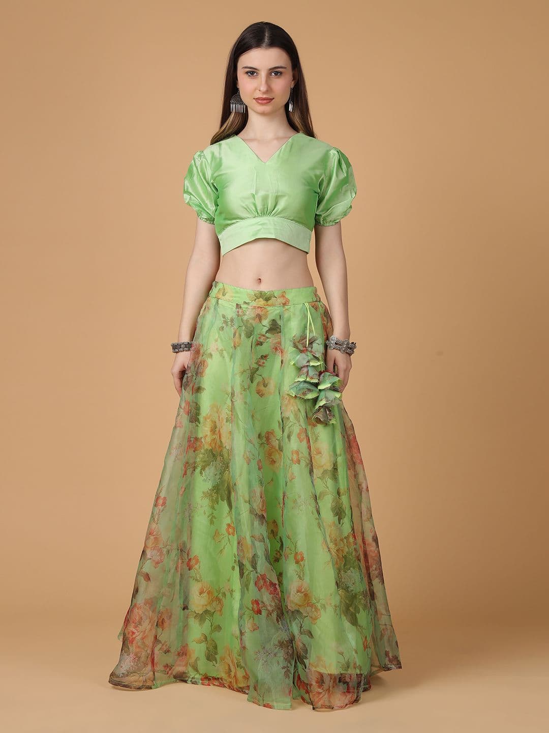 Frolic Rolic Silk V Neck Blouse & Floral Print Organza Maxi Skirt Set - view 1