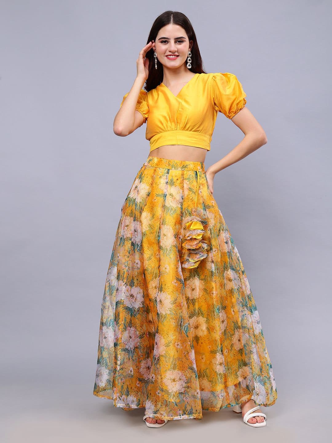 Frolic Rolic Silk V Neck Blouse & Floral Print Organza Maxi Skirt Set - view 1