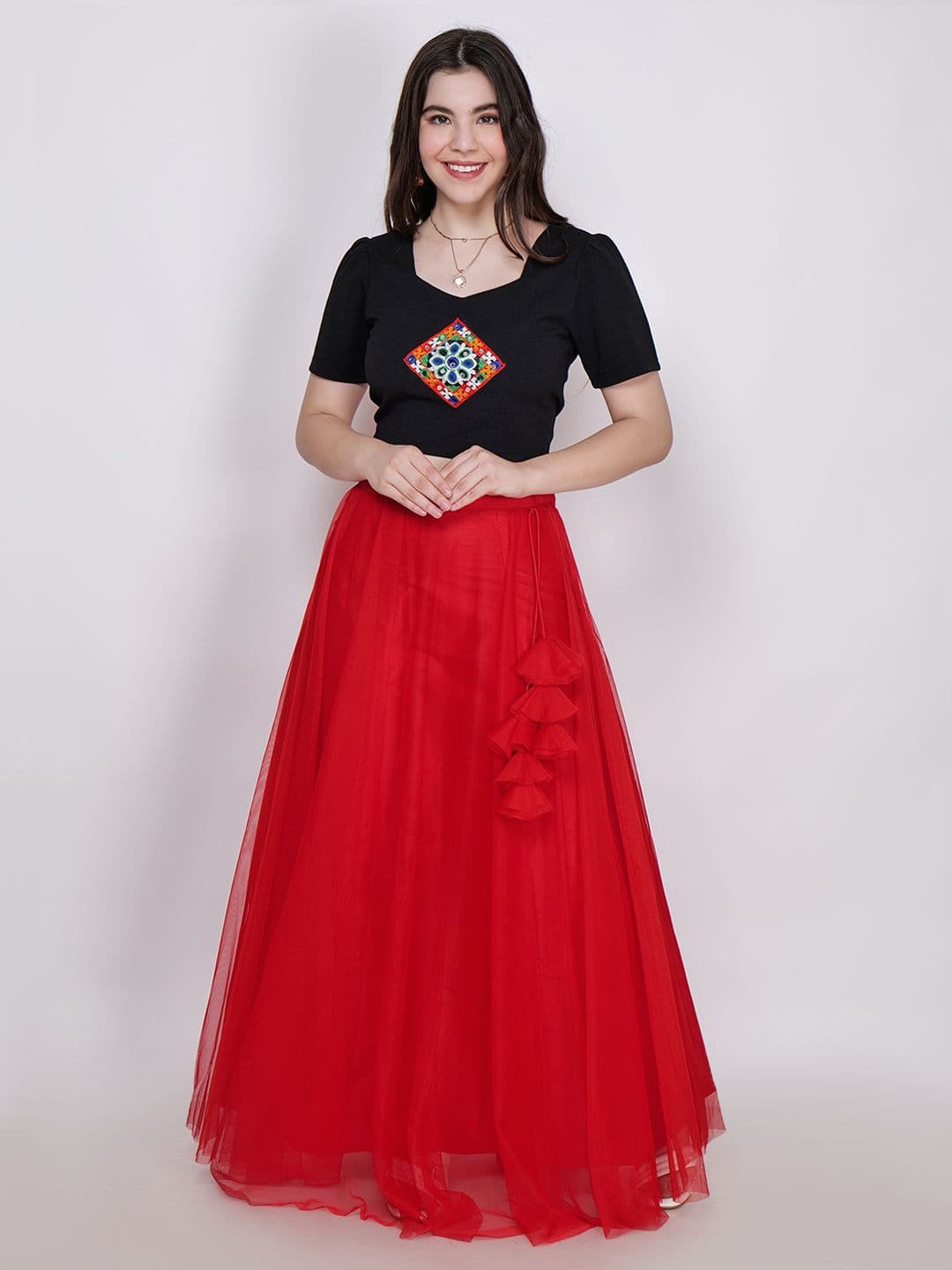 Frolic Rolic Knitted Patch Work Blouse & Net Skirt Set - view 1
