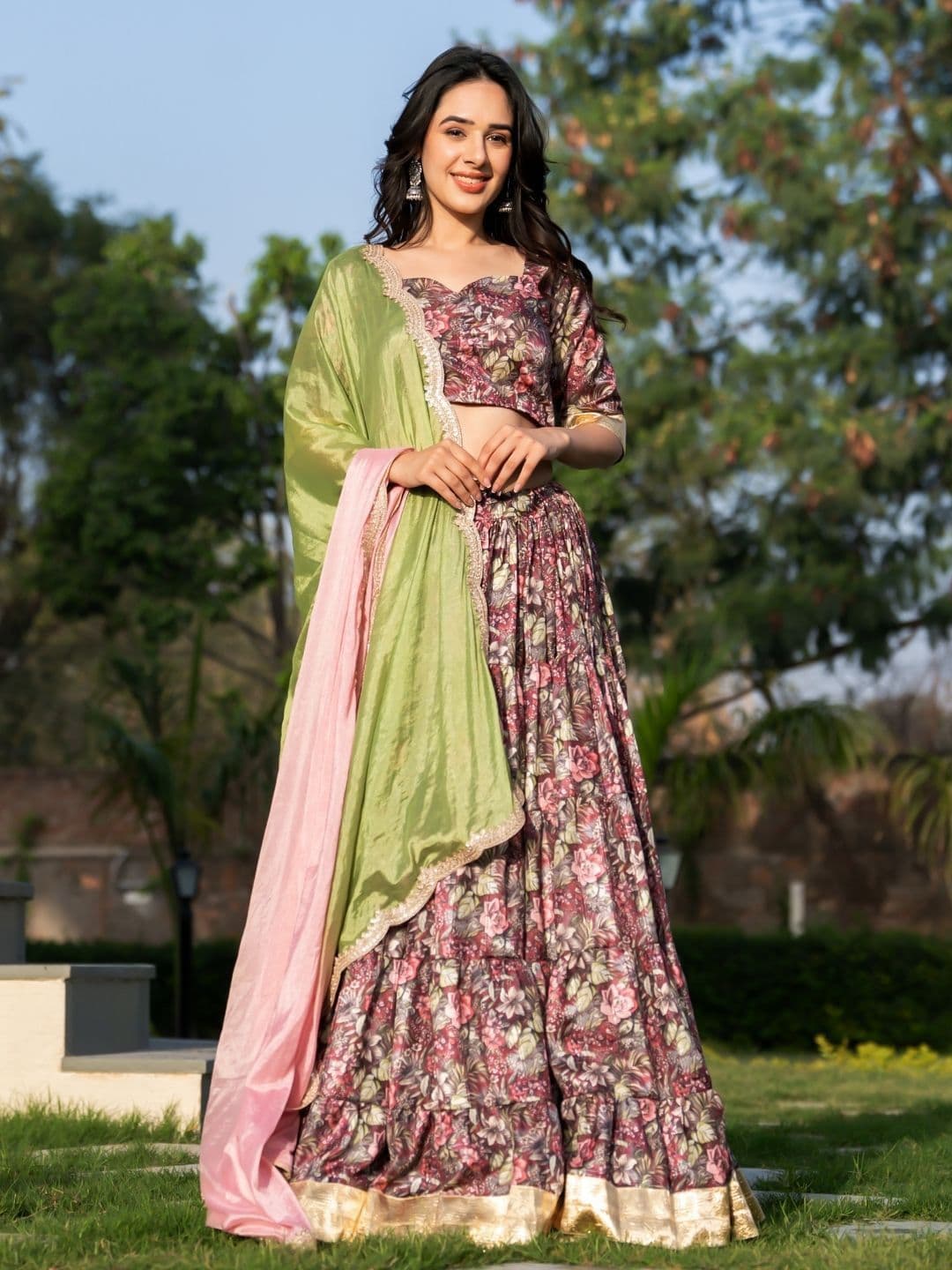 HOUSE OF JAMOTI Srida Floral Silk Lehenga Choli With Dupatta - view 1