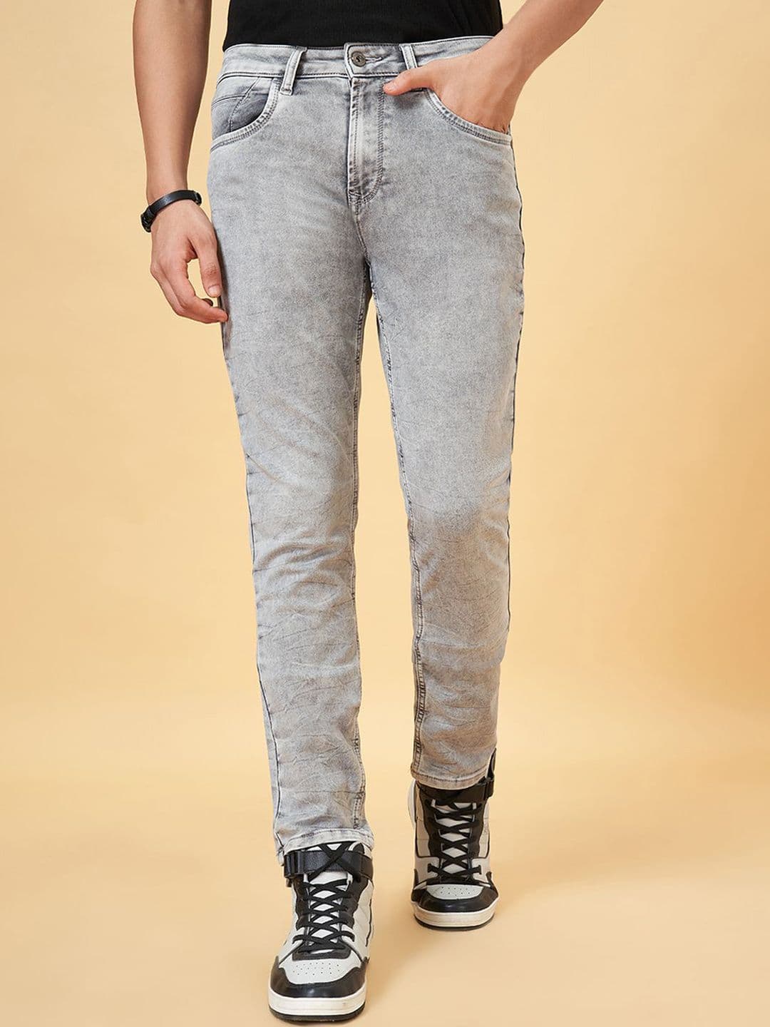 SF JEANS by Pantaloons Men Mid Rise Slim Fit Clean Look Heavy Fade Cropped Jeans - view 1