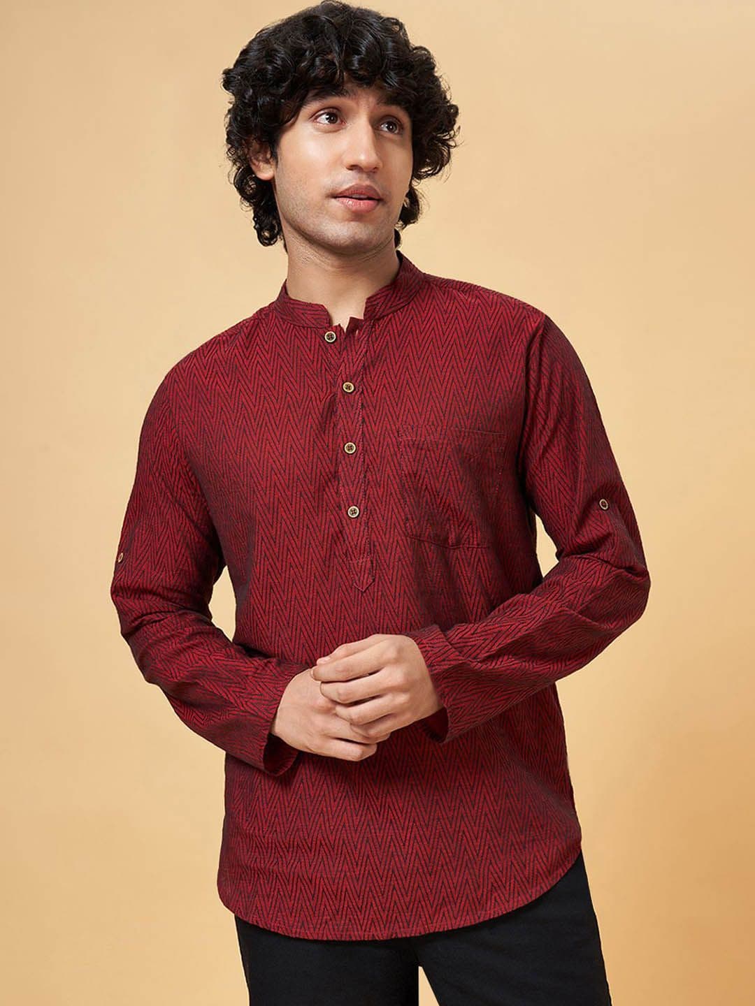 indus route by Pantaloons Embroidered Mandarin Collar Pure Cotton Dobby Straight Kurta - view 1