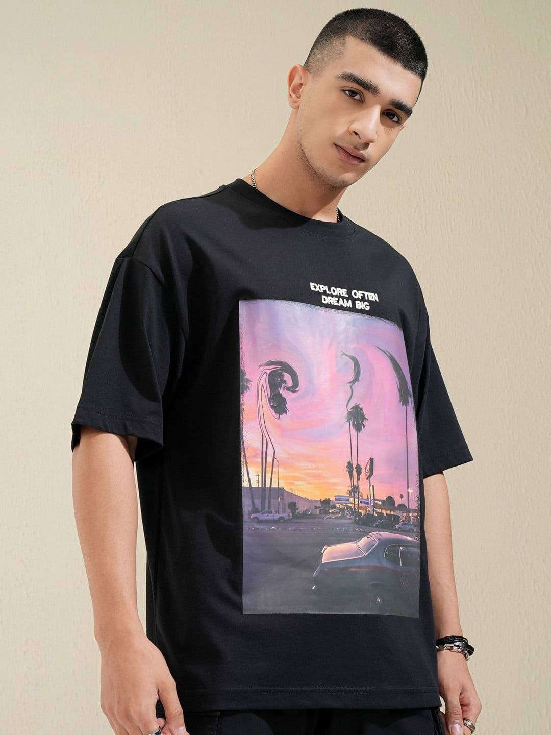 HIGHLANDER Men Graphic Printed Graphic Print Others Round Neck Cotton Oversized T-Shirt - view 1