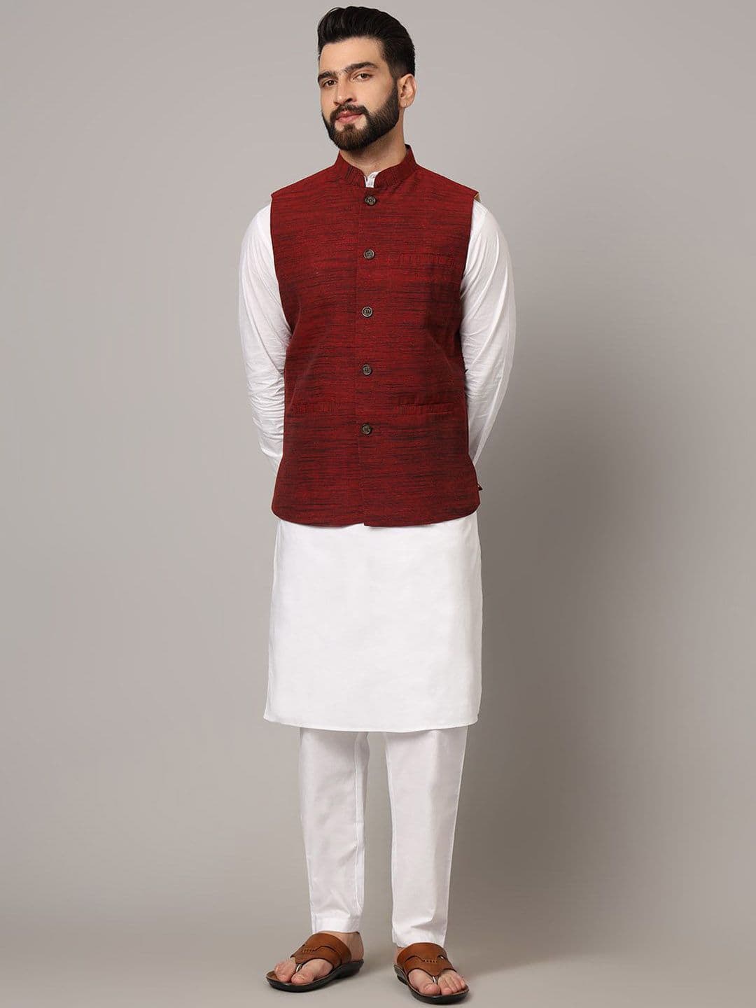 Latest Chikan Garments Striped Woven Nehru Jacket - view 1