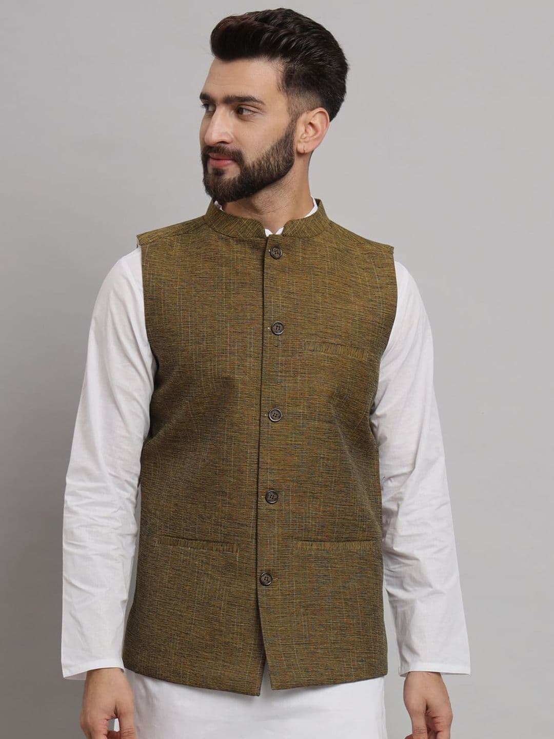 Latest Chikan Garments Striped Woven Nehru Jacket - view 1