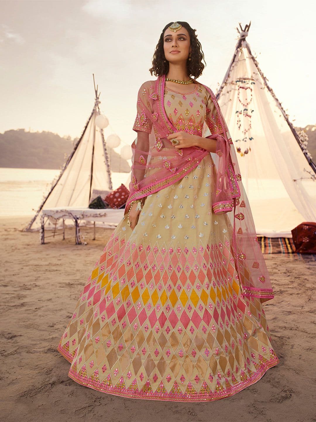 Fusionic Embroidered Mirror Work Semi-Stitched Lehenga & Unstitched Blouse With Dupatta - view 1