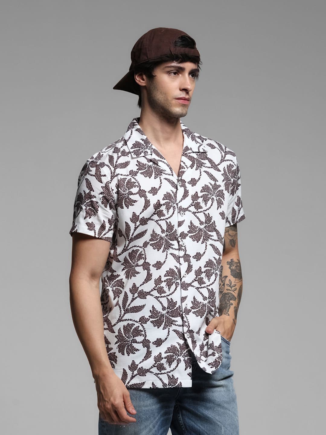 Jack & Jones Men Cuban Collar Floral Printed Cotton Relaxed Fit Casual Shirt