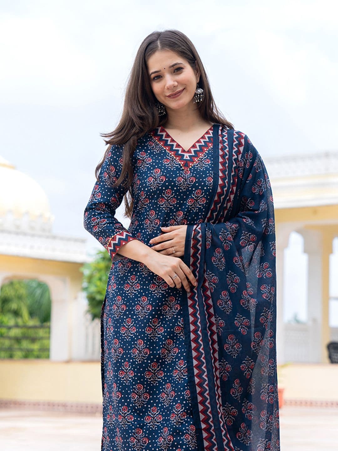 KALINI Floral Printed Straight Kurta With Trousers & Dupatta - view 1