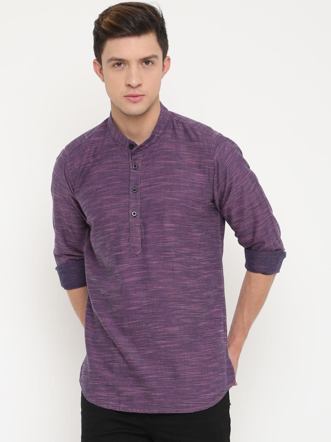 Cross Court Woven Design Mandarin Collar Cotton Straight Kurta - view 1