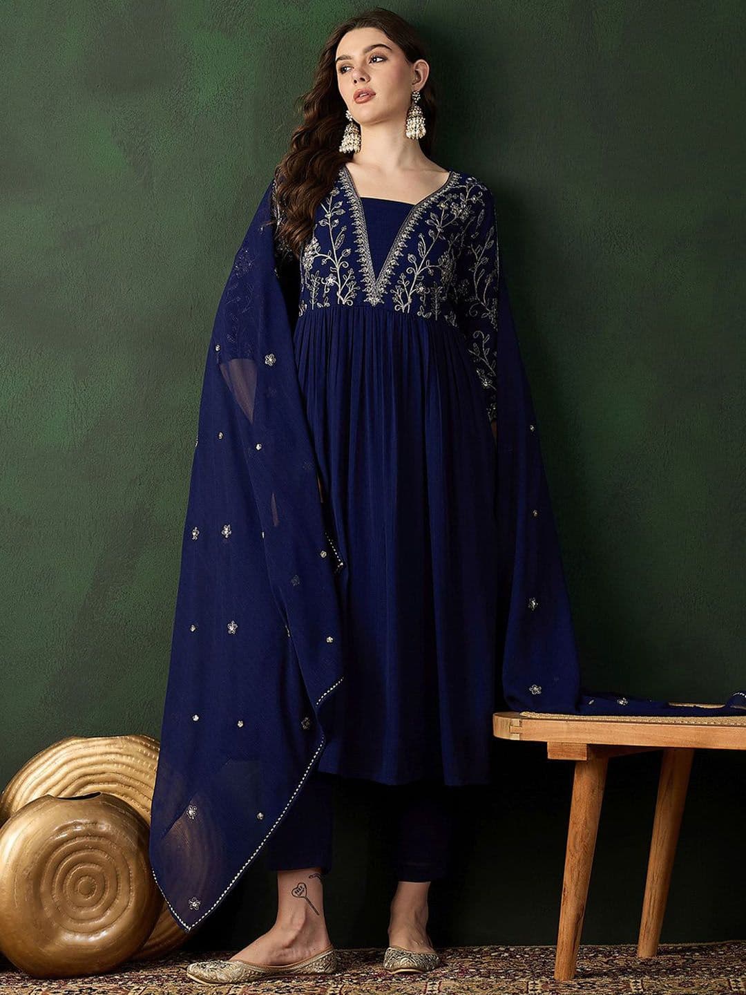 Sangria Navy Blue Ethnic Motifs Embroidered A-Line Kurta With Trouser & Dupatta - view 1