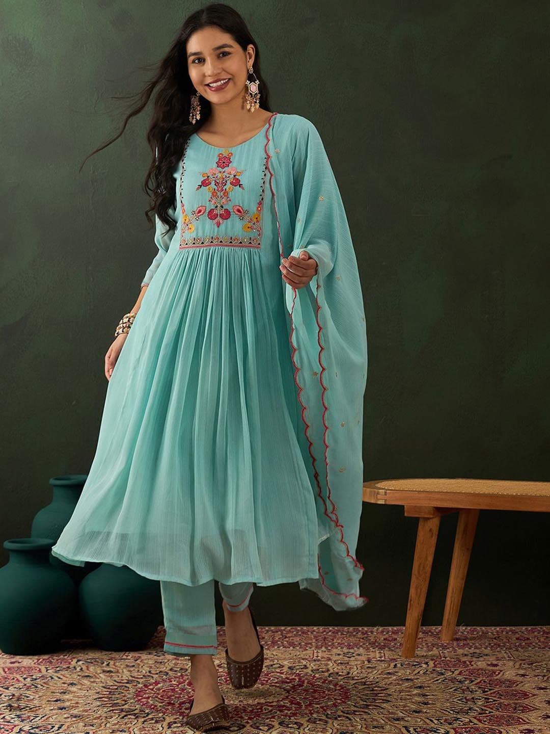 Sangria Blue Floral Embroidered Zari Sequince Anarkali Kurta With Trousers And Dupatta - view 1