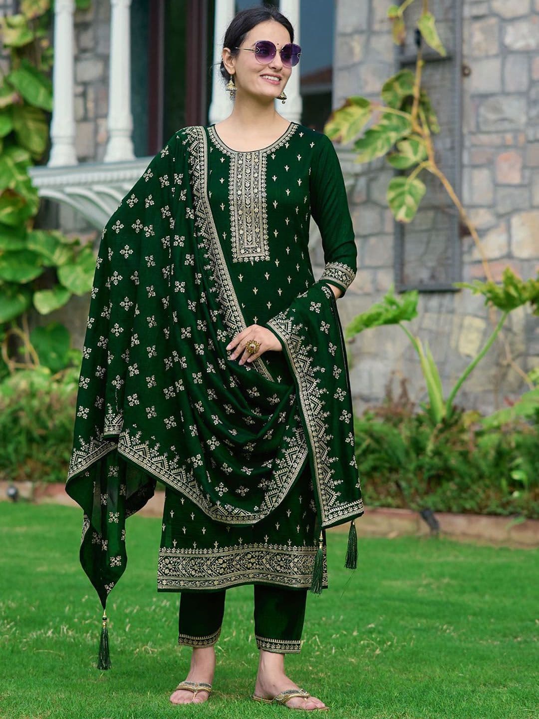 KALINI Ethnic Motifs Embroidered Sequinned Straight Republic Day Kurta with Trousers & Dupatta - view 1