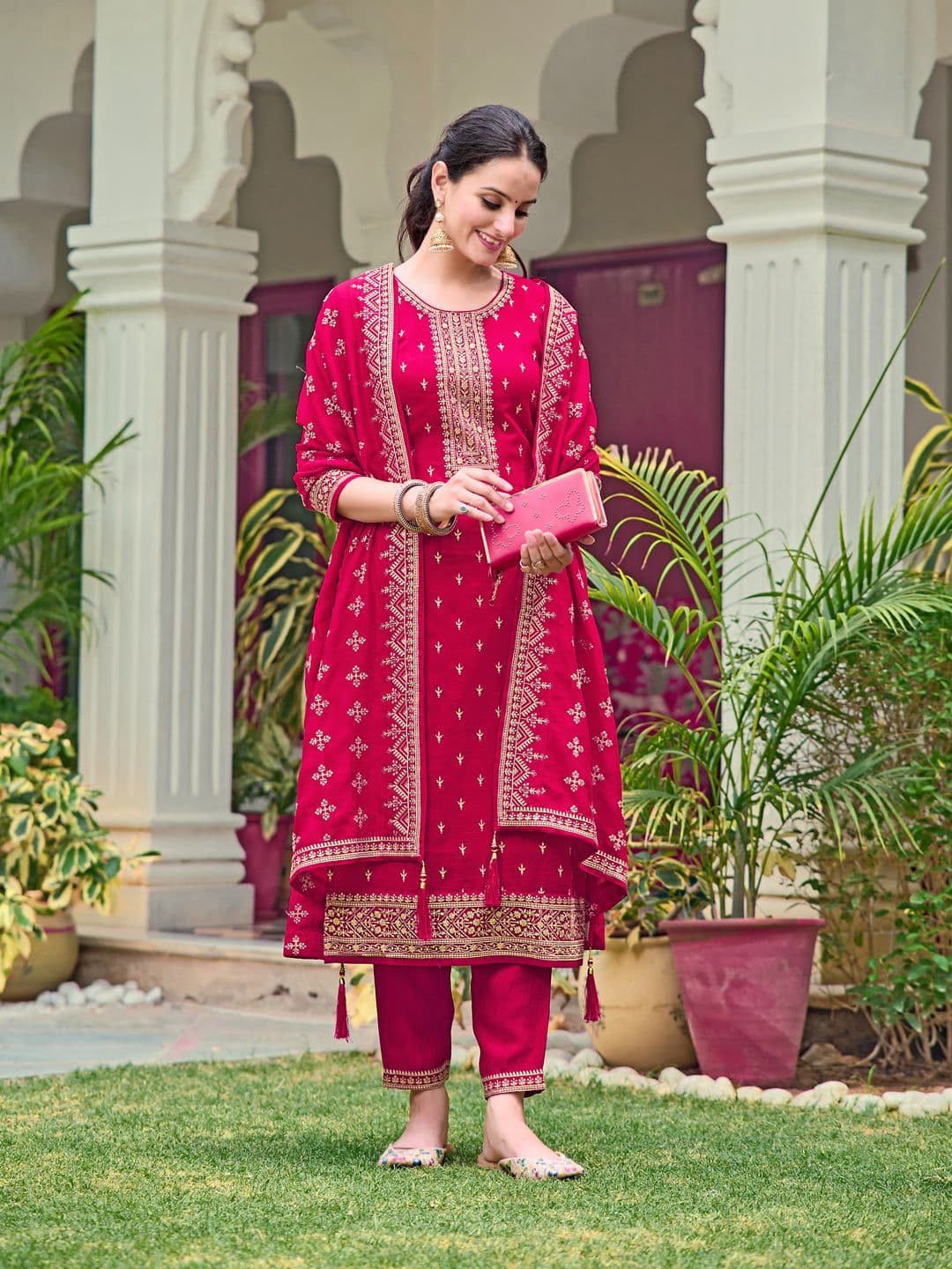 KALINI Floral Embroidered Regular Sequinned Straight Kurta with Trousers & Dupatta - view 1