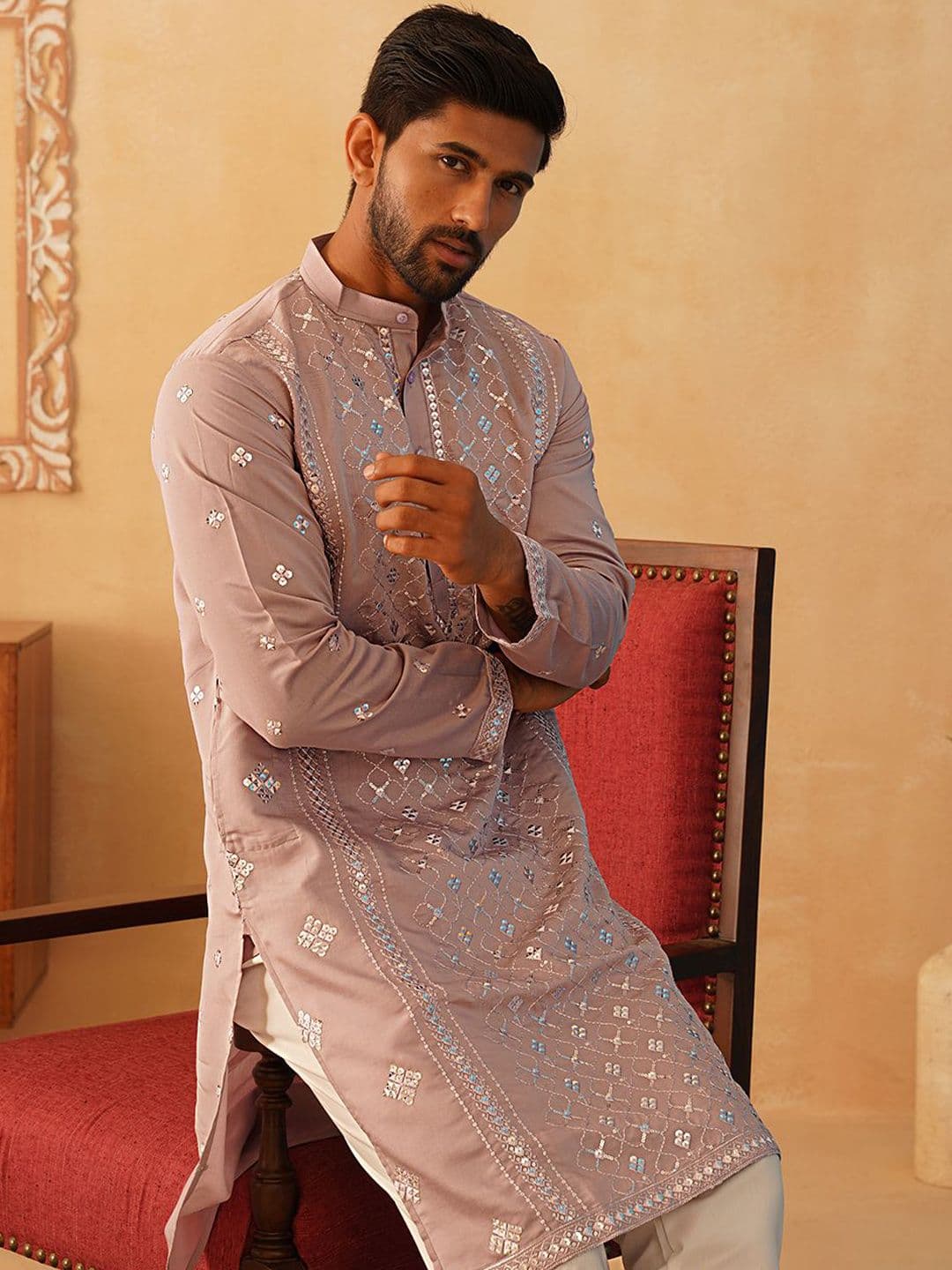 Jompers Ethnic Motifs Embroidered Band Collar Sequinned Straight Kurta - view 1