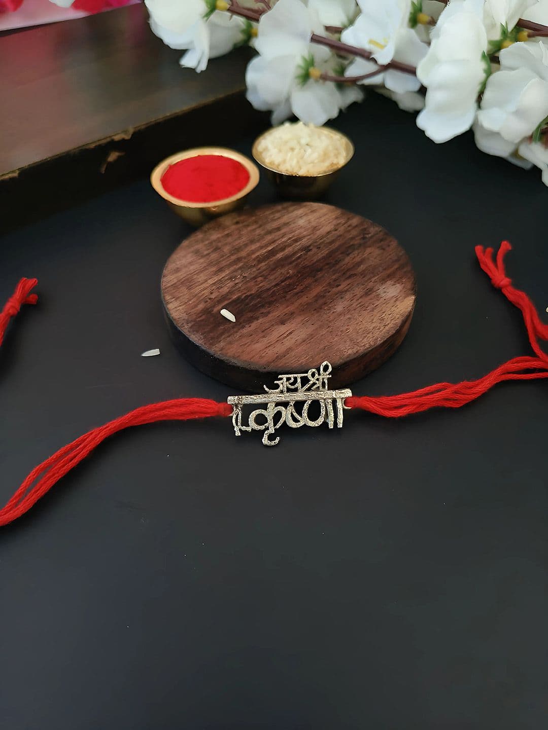 Sangria Red Silver Plated Jai Shree Krishna Thread Rakhi - view 1