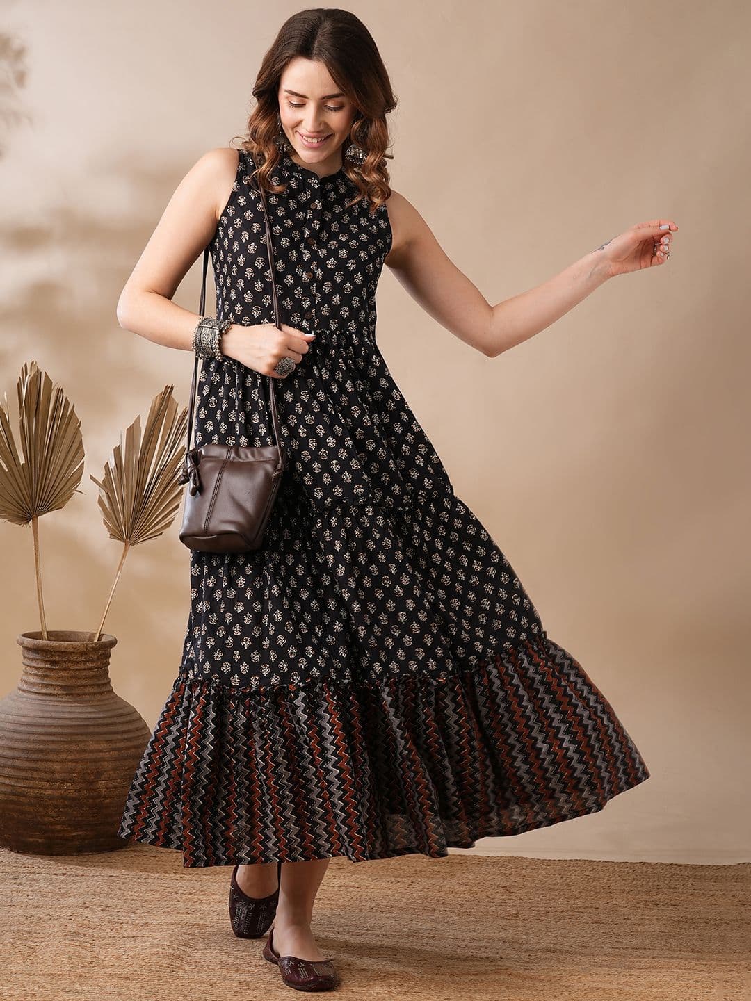 Globus Floral Block Print Mandarin Collar Tiered Fit & Flare Fusion Maxi Dress - view 1