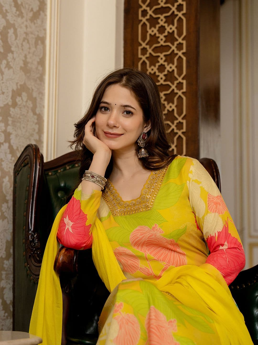 KALINI Floral Printed Square Neck Straight Kurta With Trousers & Dupatta - view 1