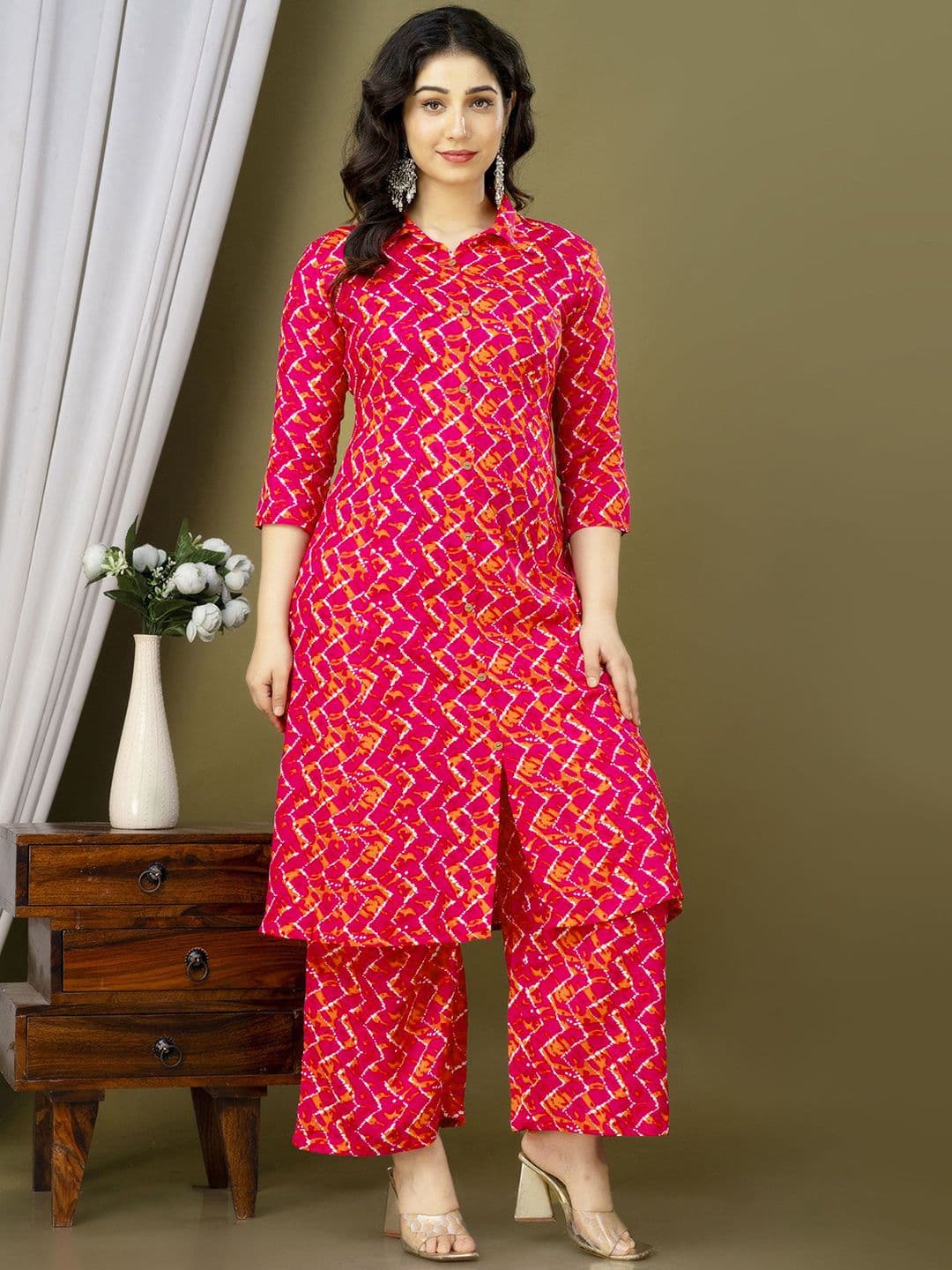 KALINI Chevron Printed Shirt Collar A-Line Kurta with Palazzos - view 1