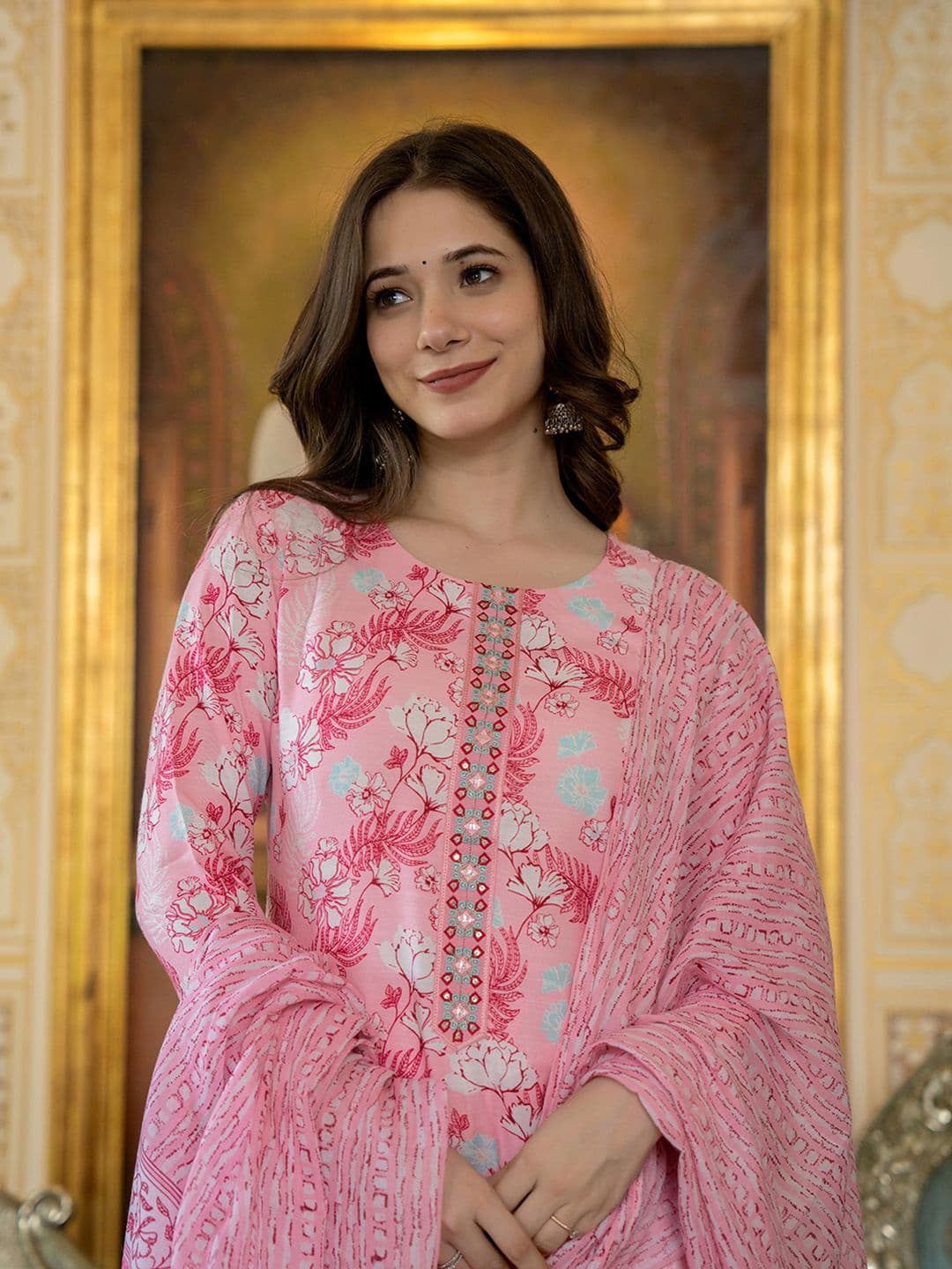KALINI Floral Printed Thread Work Straight Kurta with Trousers & Dupatta - view 1